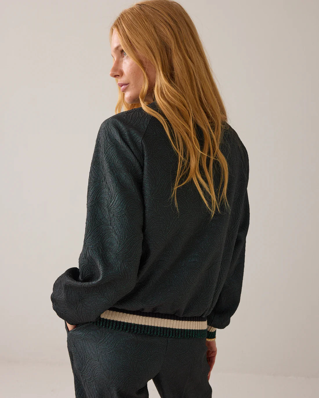 Glitter Jacquard Bomber Jacket in Emerald green