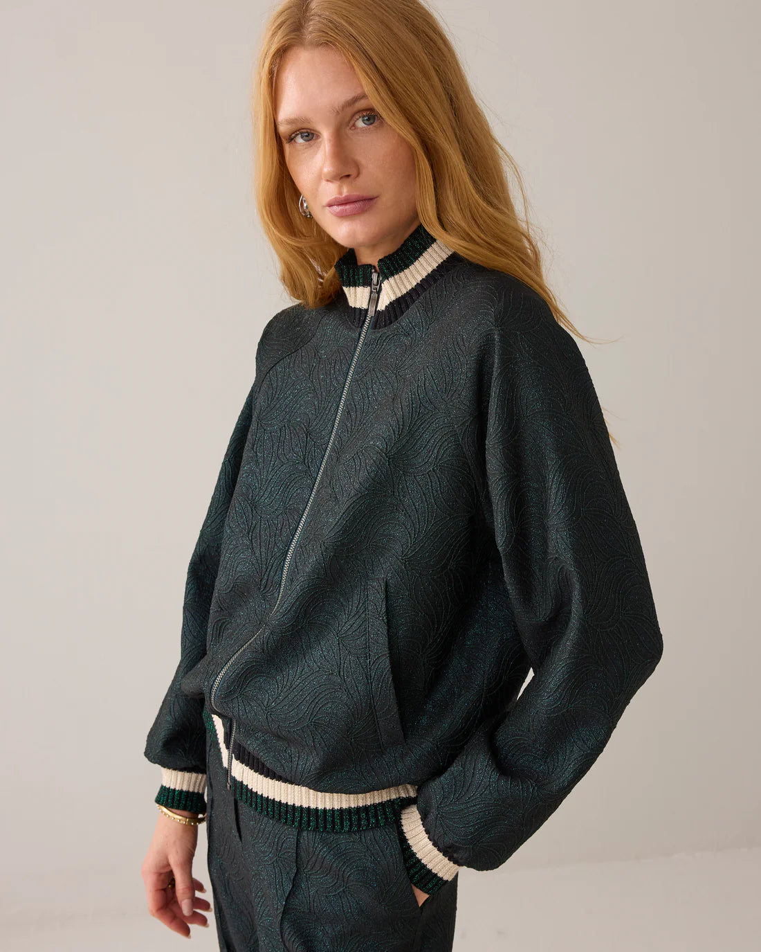 Glitter Jacquard Bomber Jacket in Emerald green