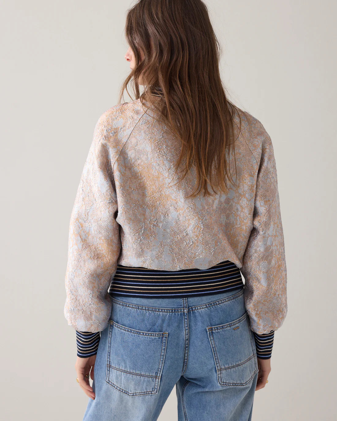 Jaquard Fabric Bomber Jacket in Soft Blue