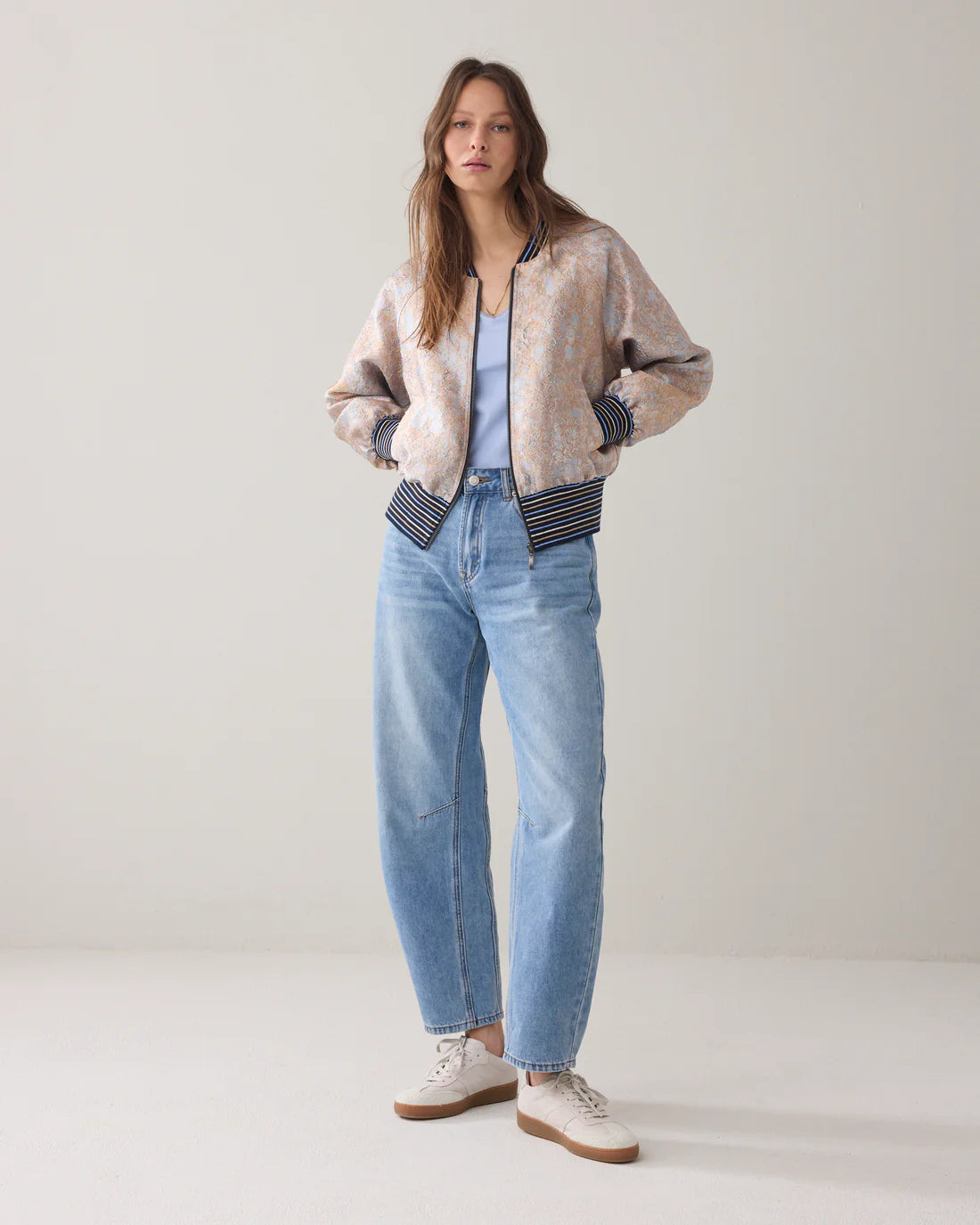 Jaquard Fabric Bomber Jacket in Soft Blue