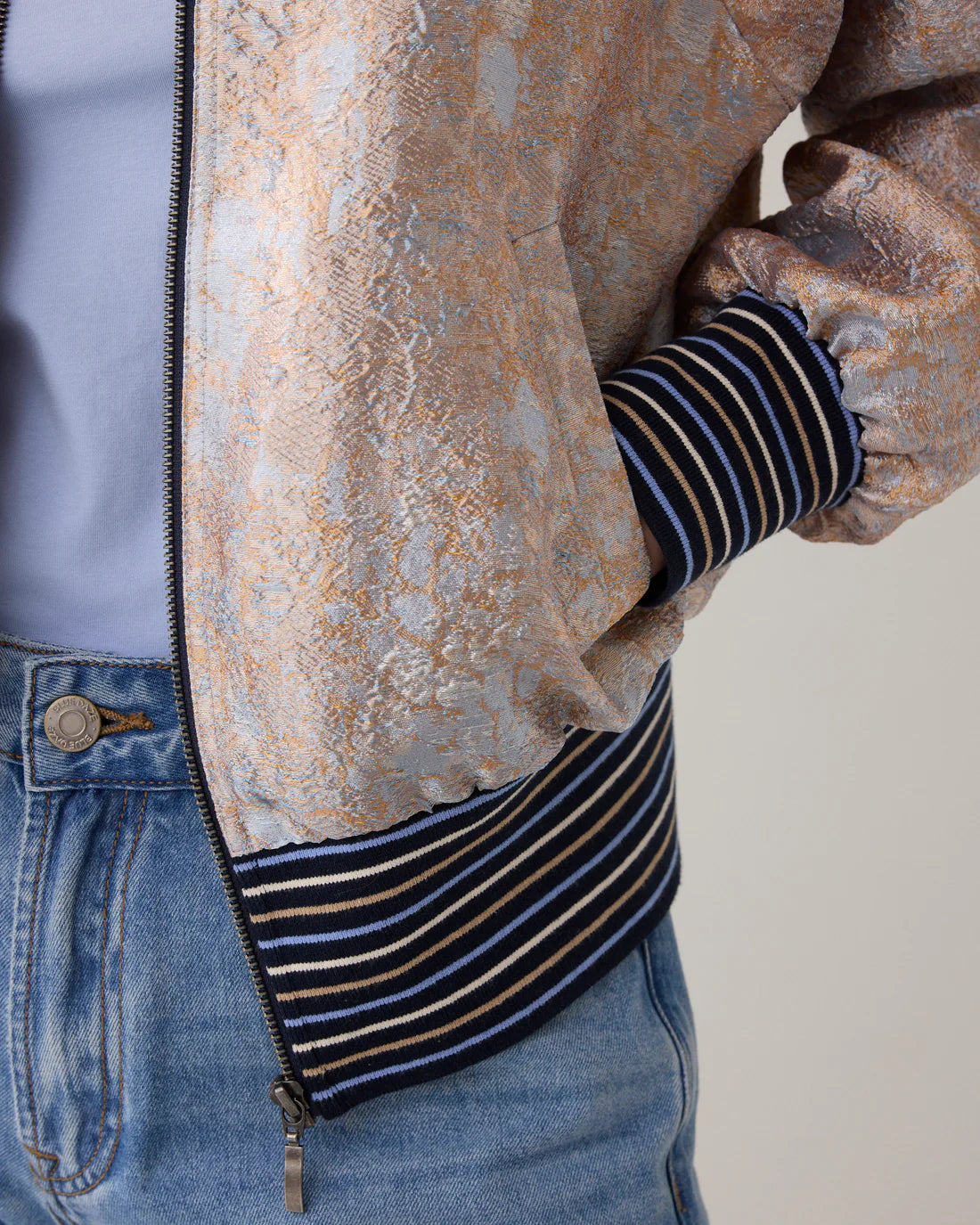 Jaquard Fabric Bomber Jacket in Soft Blue