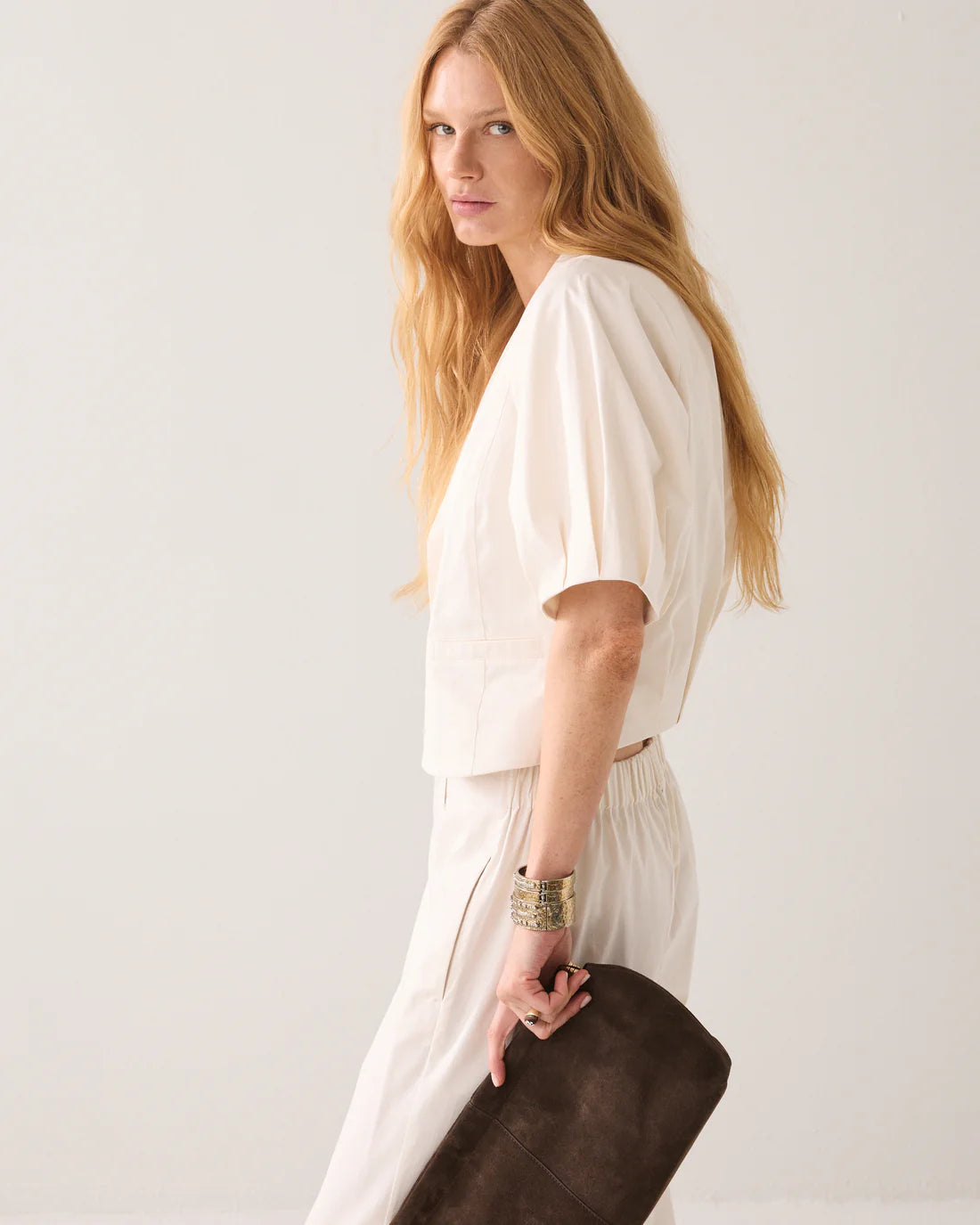 Short Sleeved Blazer in Pebble Beige