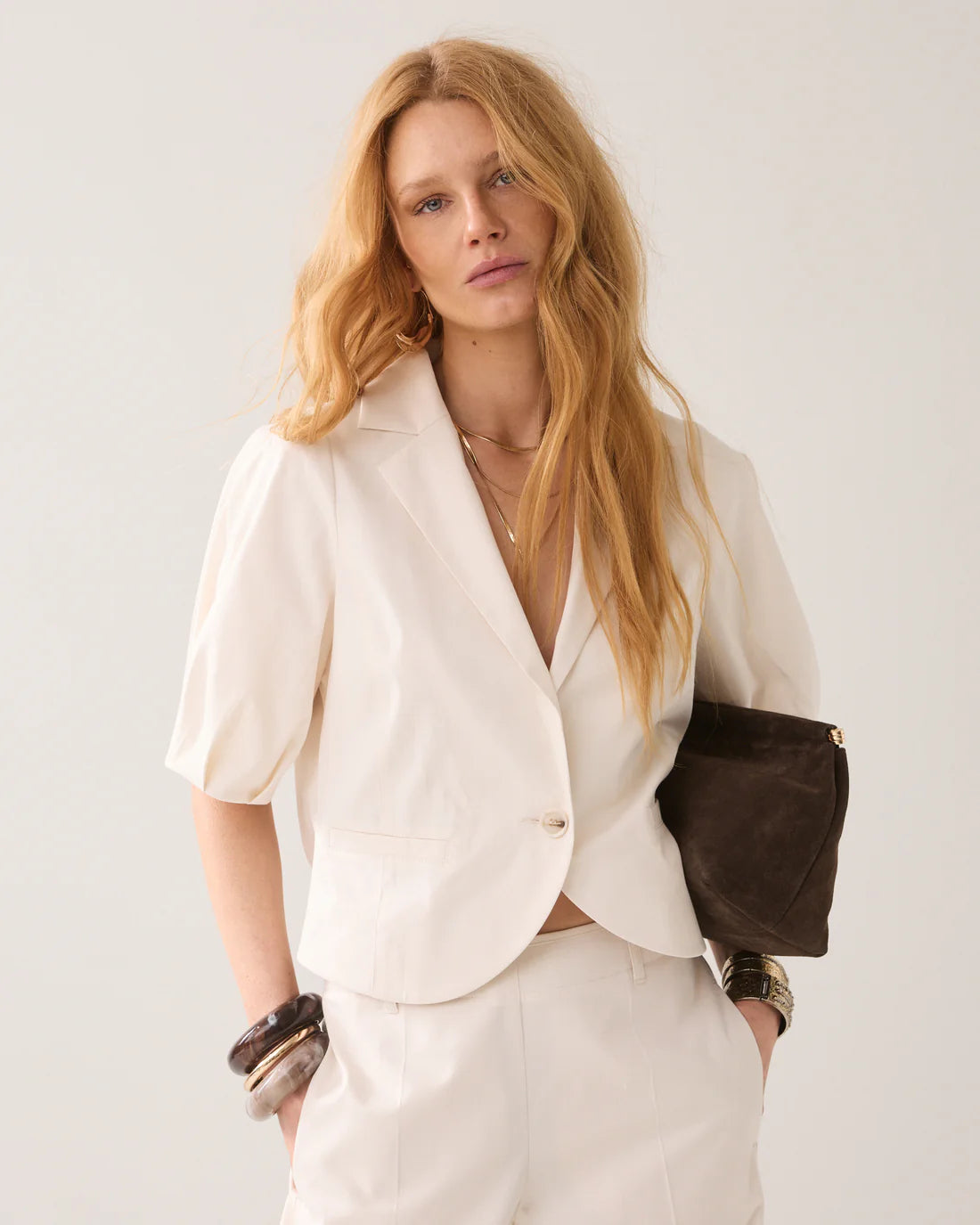 Short Sleeved Blazer in Pebble Beige