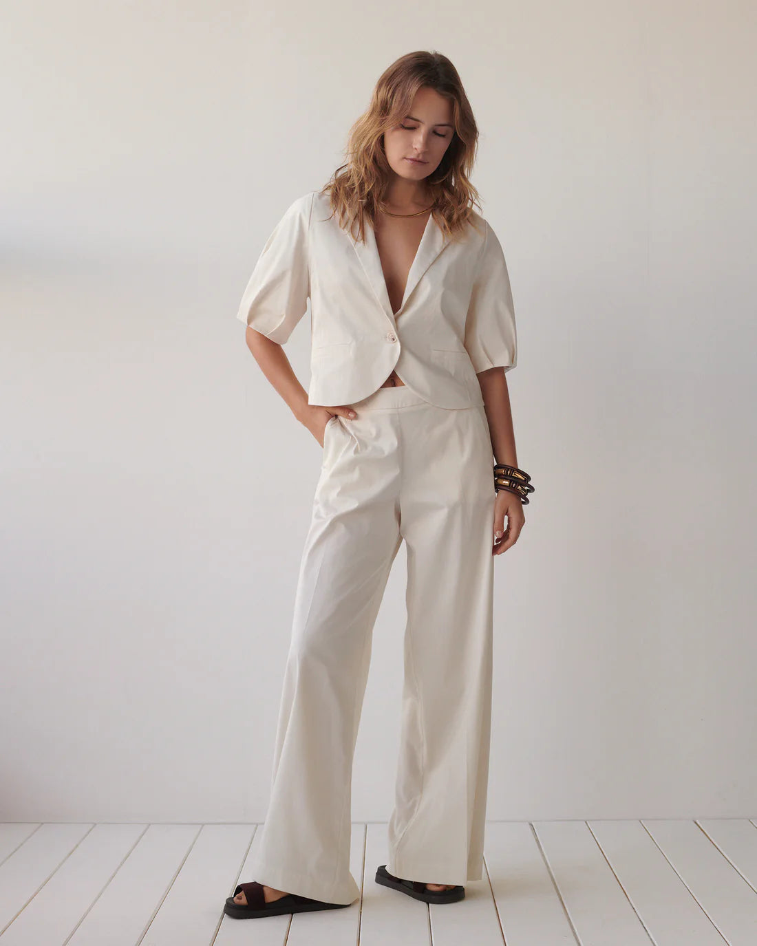 Short Sleeved Blazer in Pebble Beige