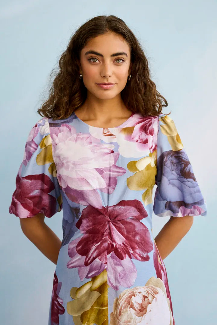 Magna Greece Long Dress in Blue/Pink/Yellow Flower