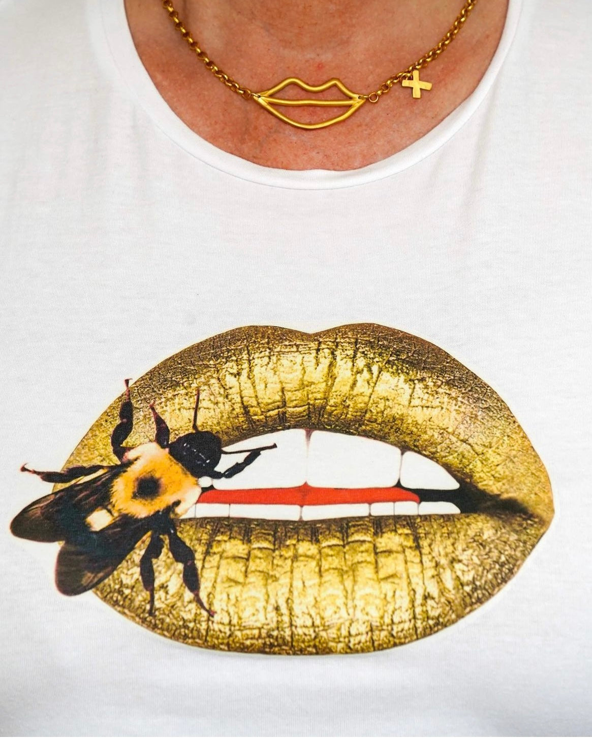 Gold Honey Bee Lips Tee in White