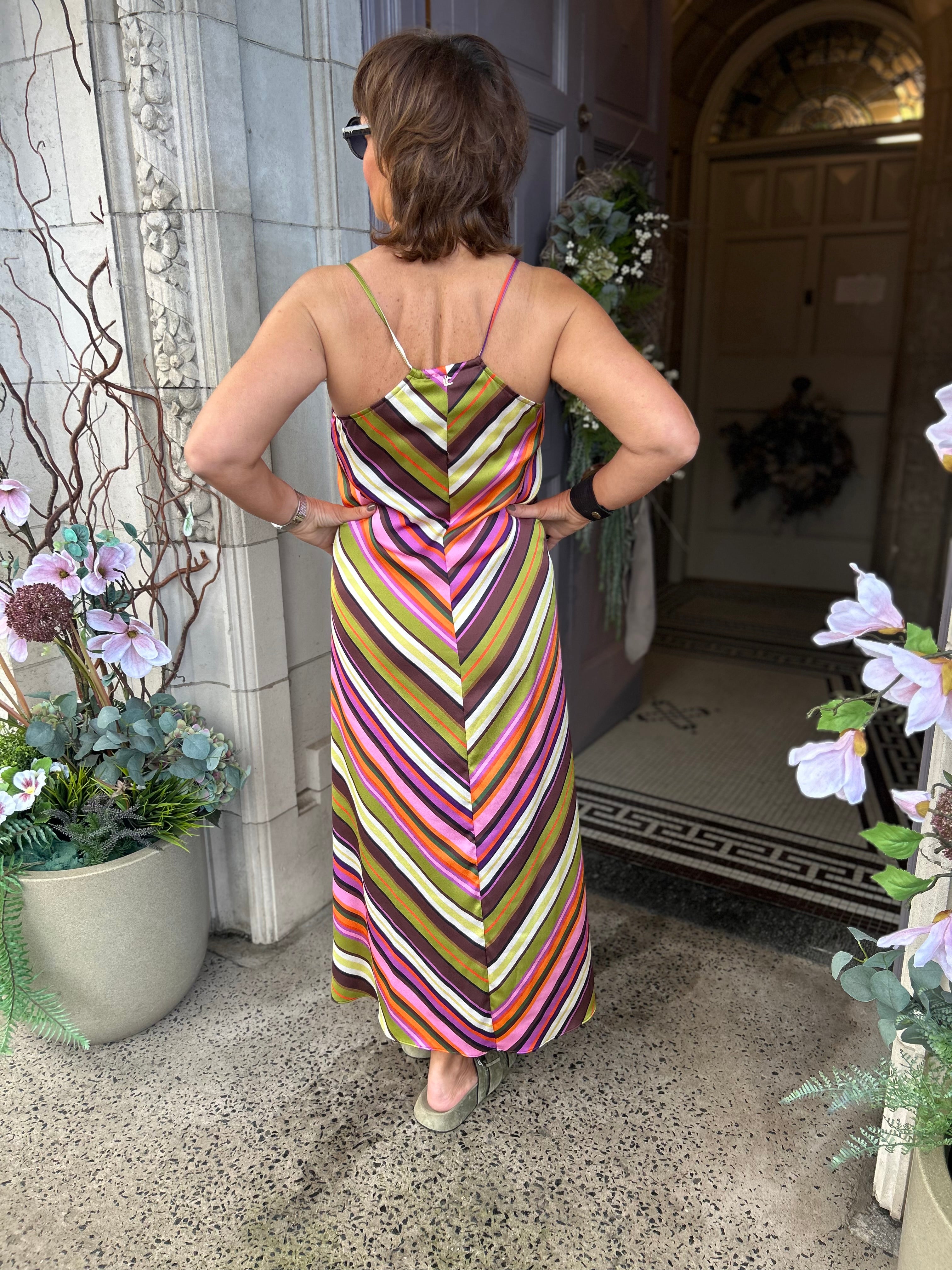 Multi-stripe Print Satin Dress in Ecru/Multi