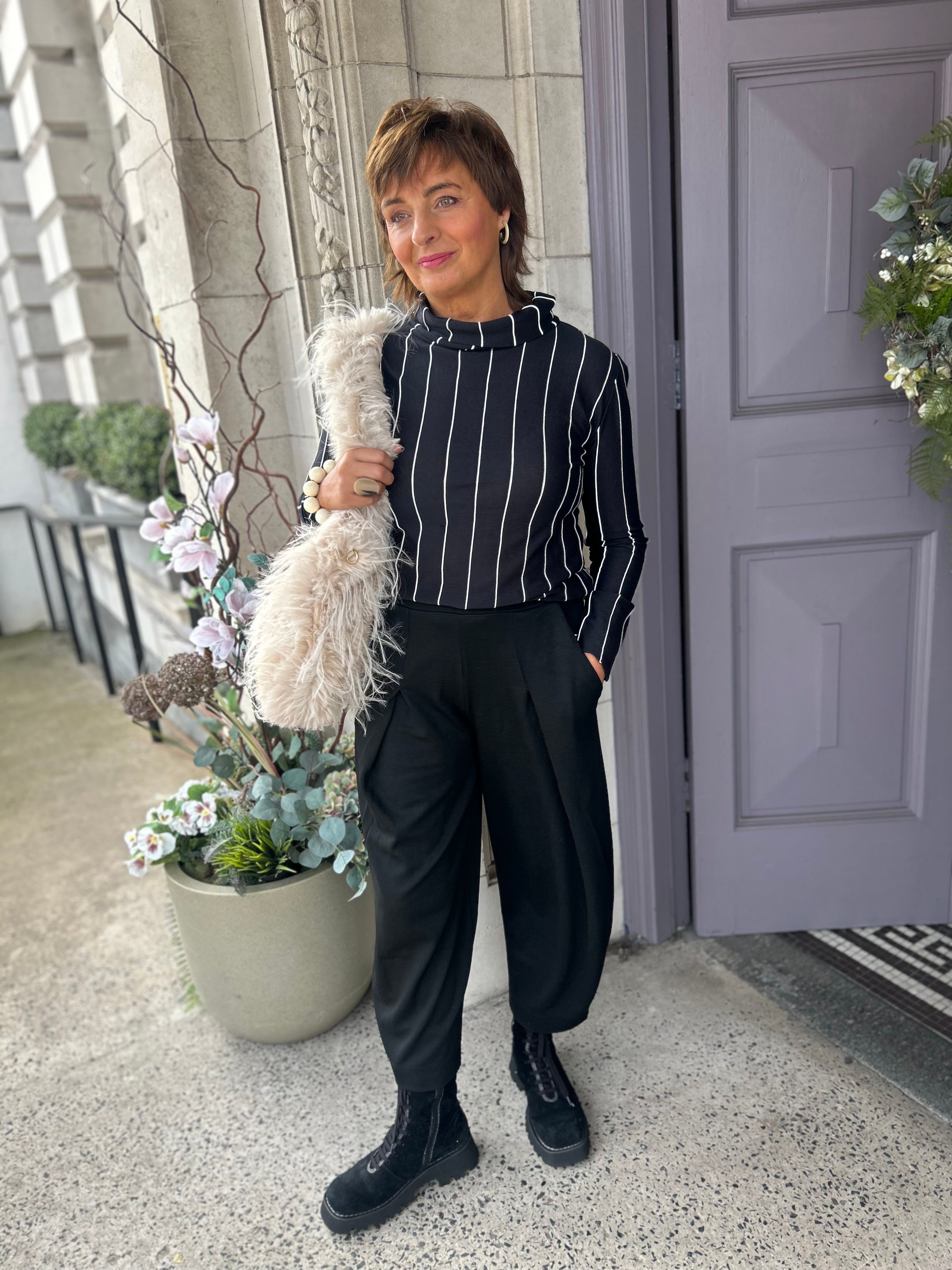 Vertical Stripe Roll Neck Top in Black/White