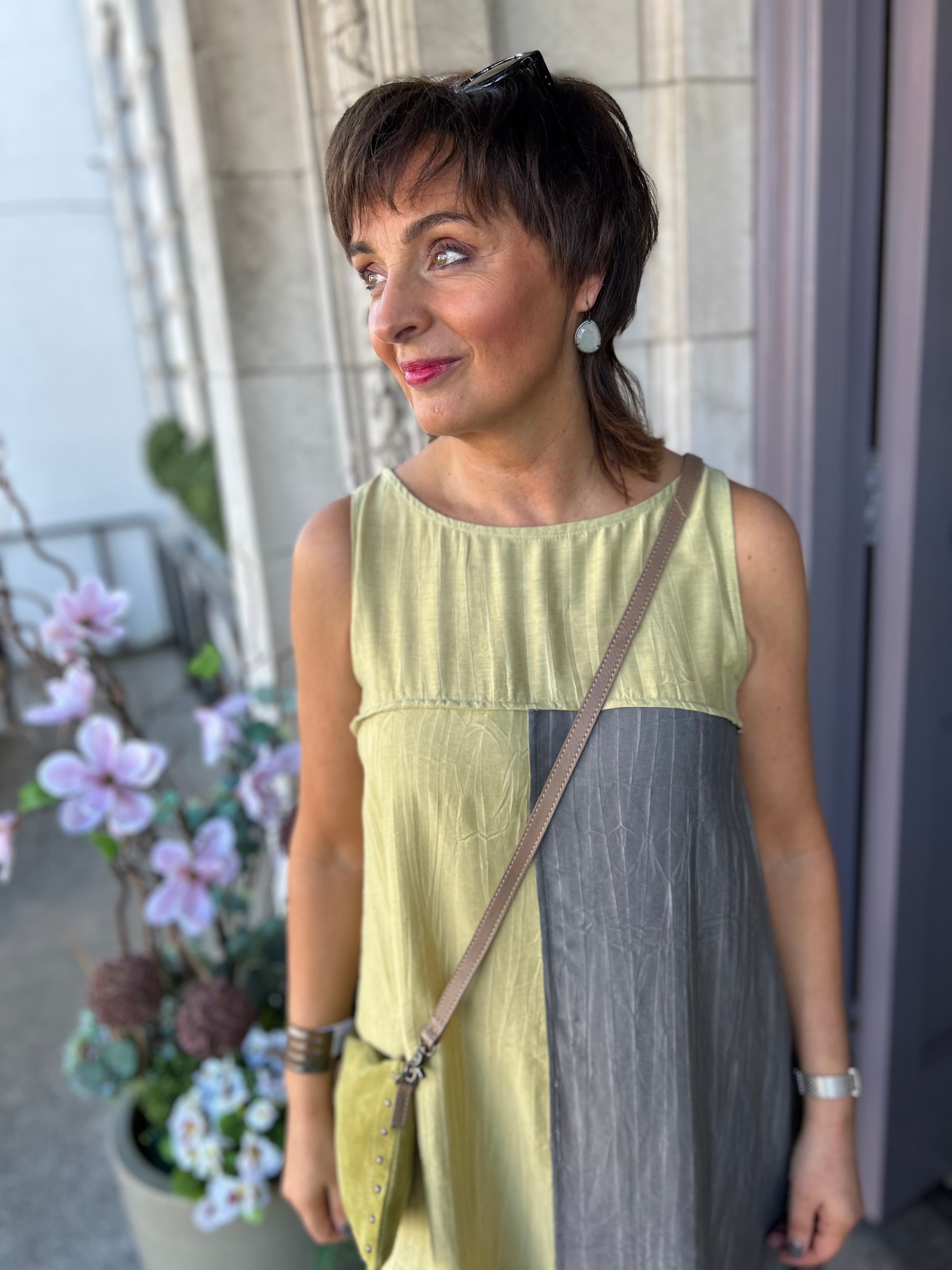 Colour Block Swing Dress in Taupe/Lemon