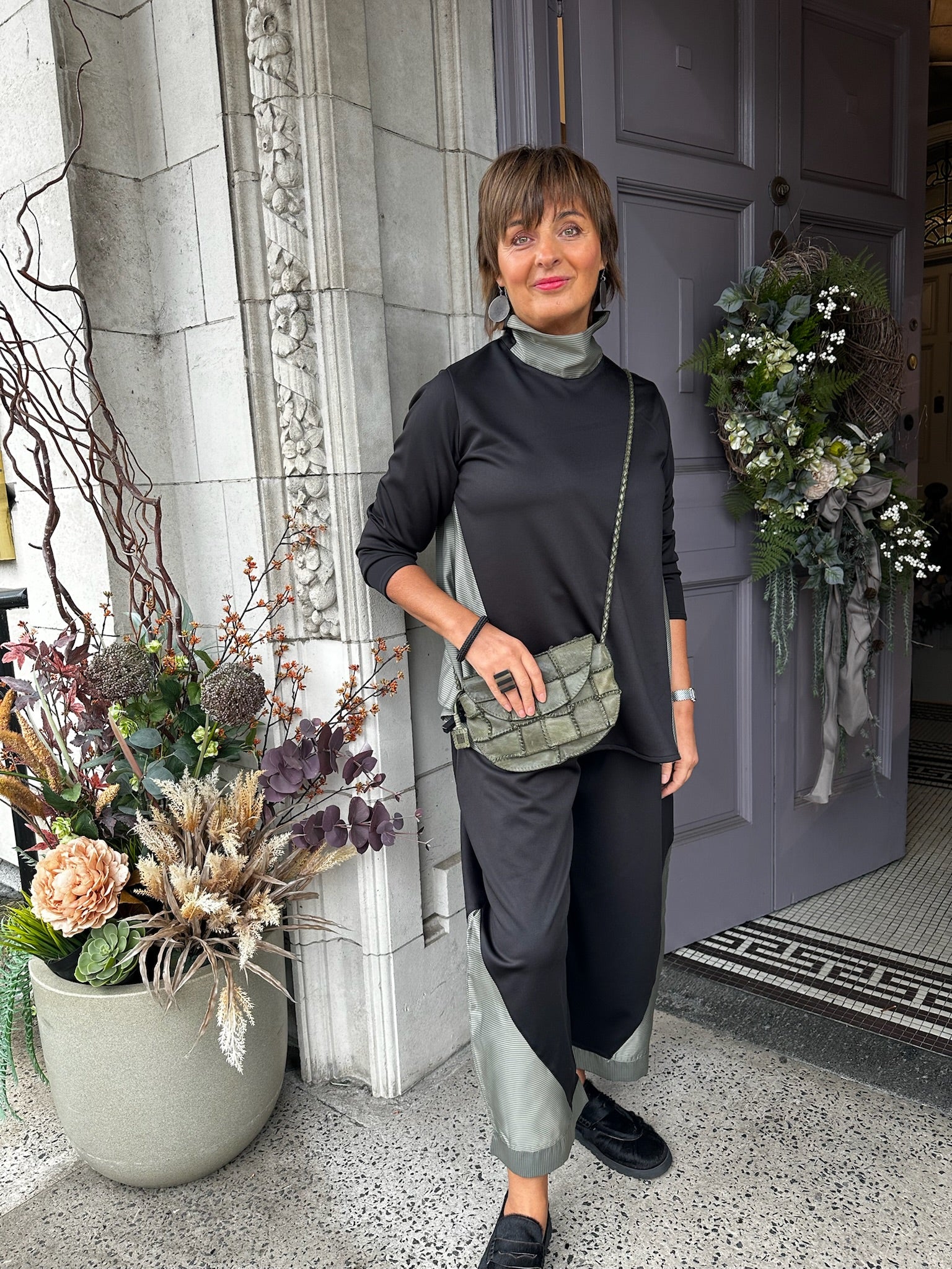 Contrast Panel High Neck Top in Sage/Black