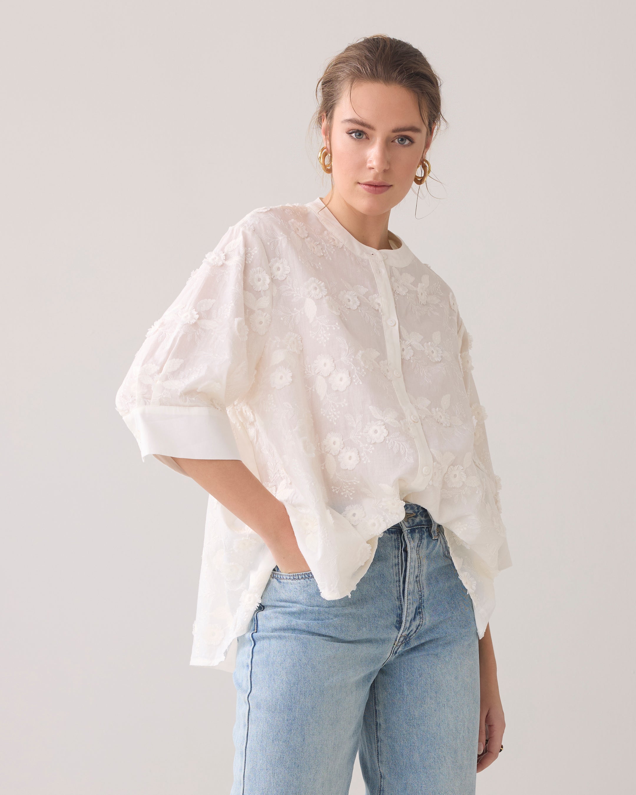 3D Flower 3/4 Sleeve Blouse in Off White