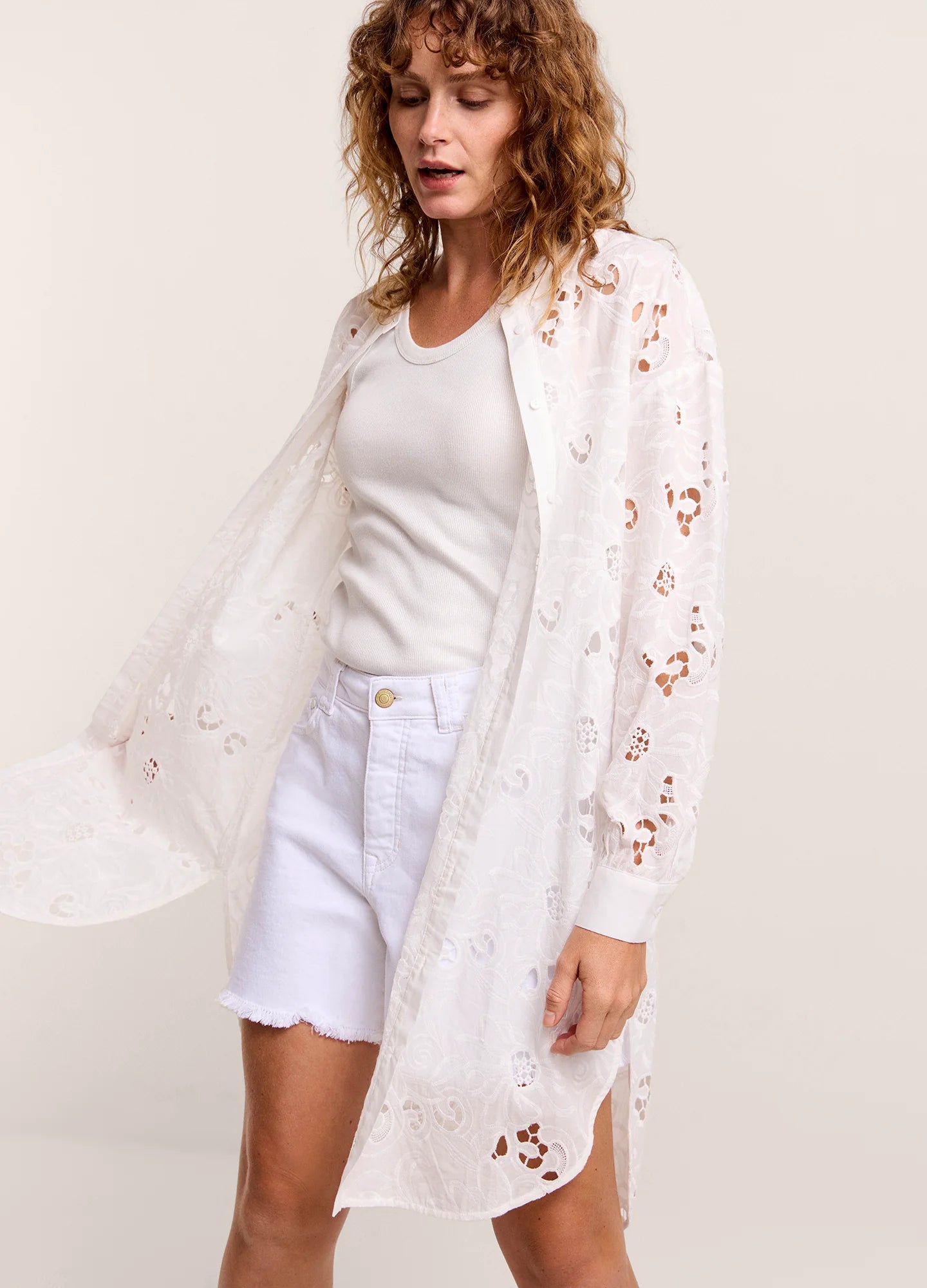 English Embroidery Tunic Blouse in Off White