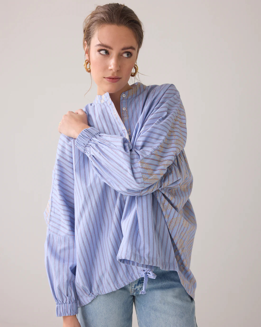 Gold Foil Stripe Blouse in Powder Blue