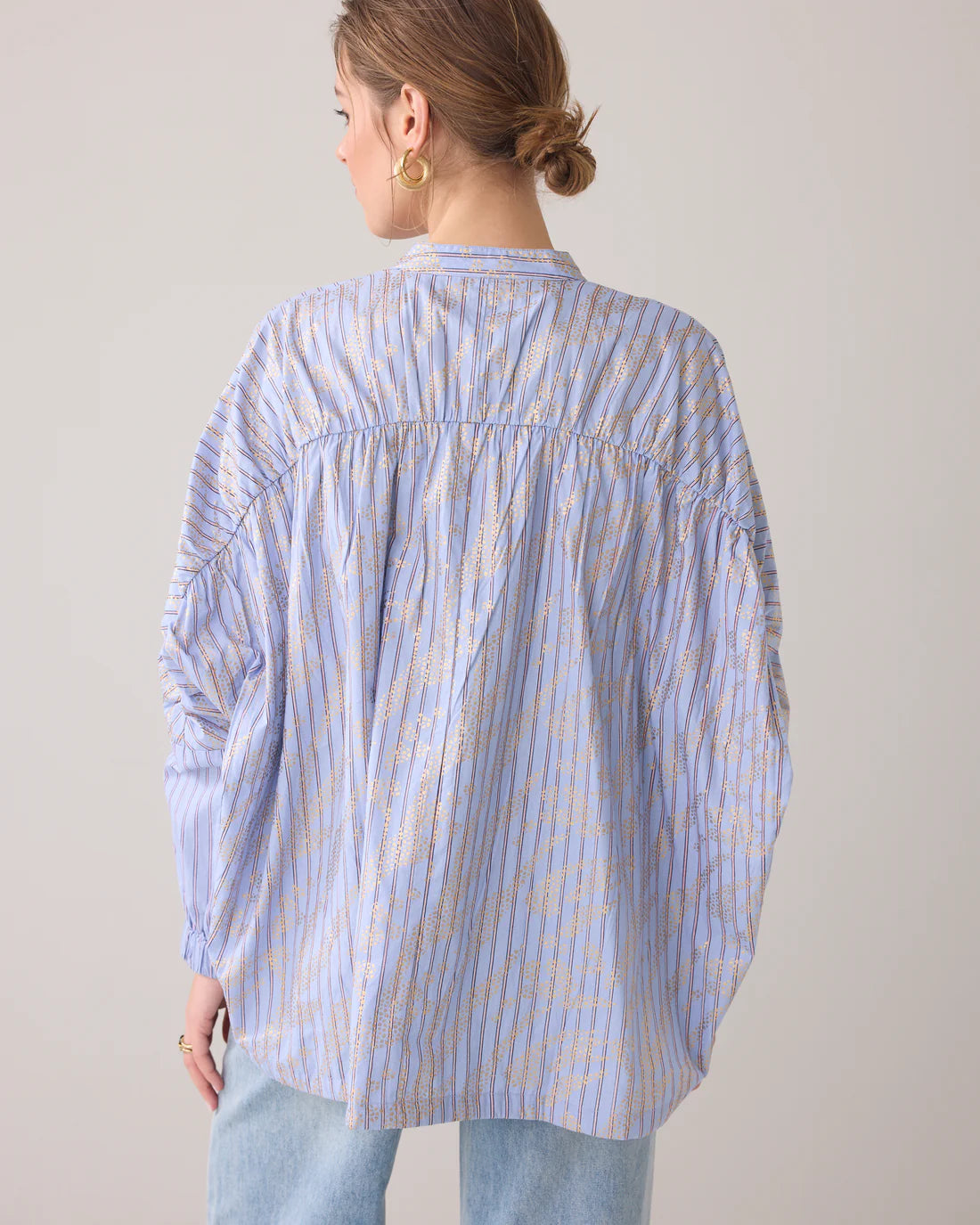 Gold Foil Stripe Blouse in Powder Blue