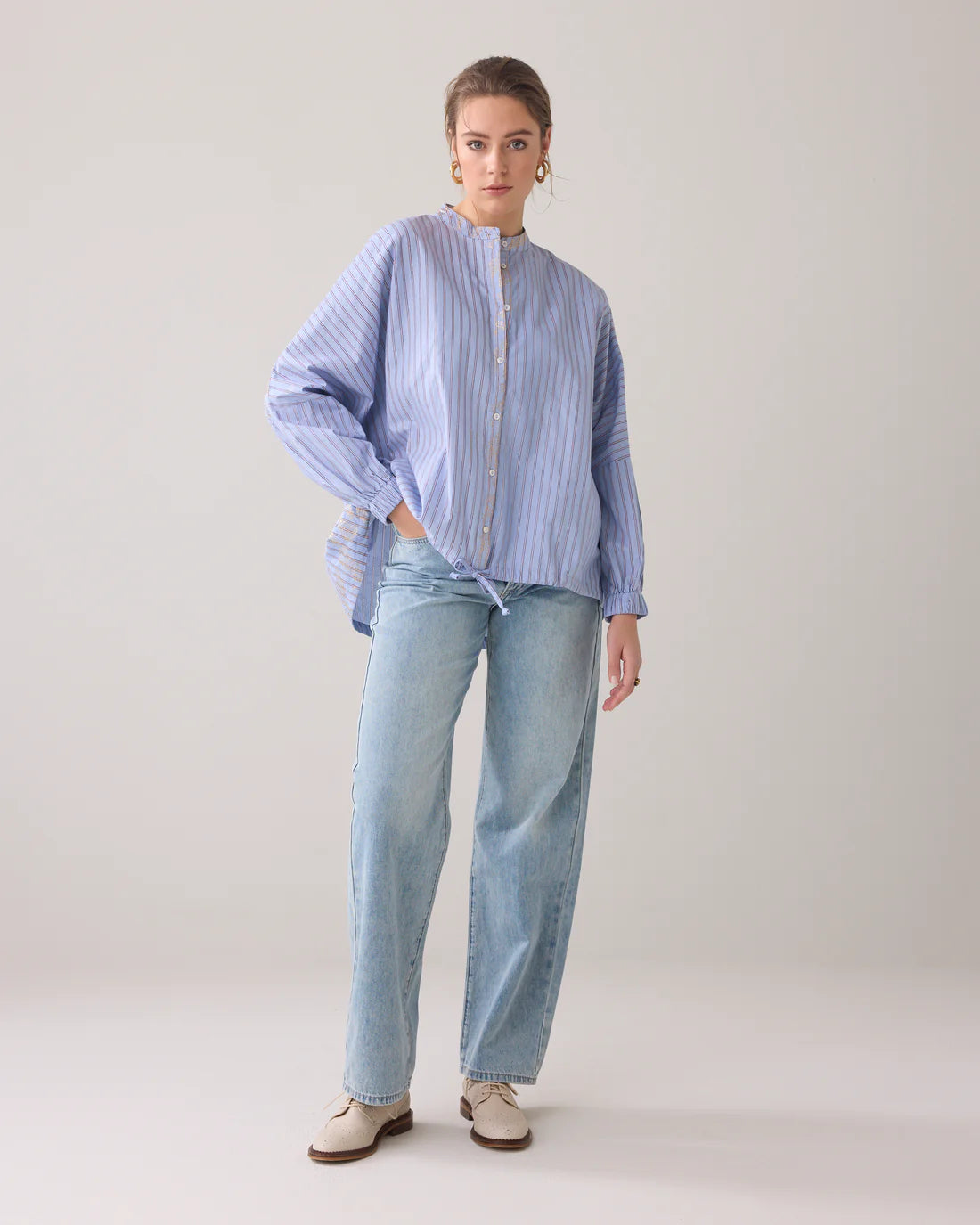 Gold Foil Stripe Blouse in Powder Blue