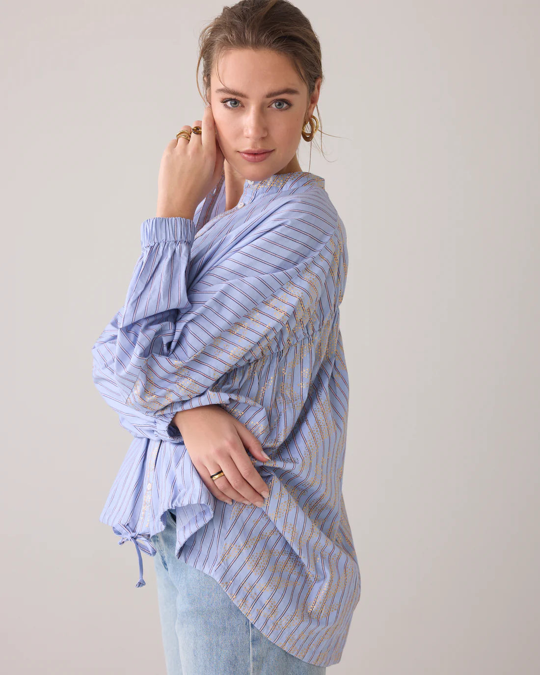 Gold Foil Stripe Blouse in Powder Blue