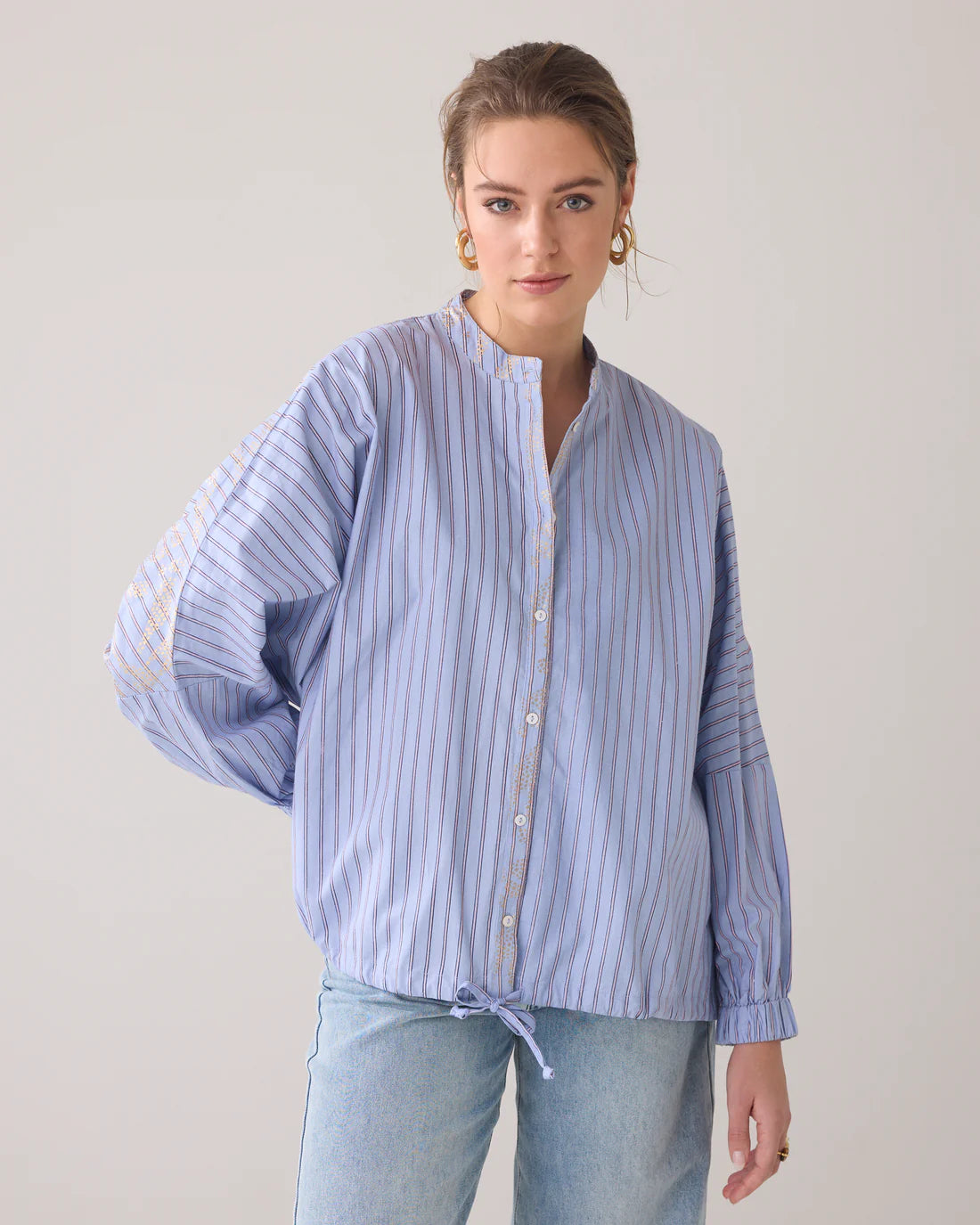 Gold Foil Stripe Blouse in Powder Blue