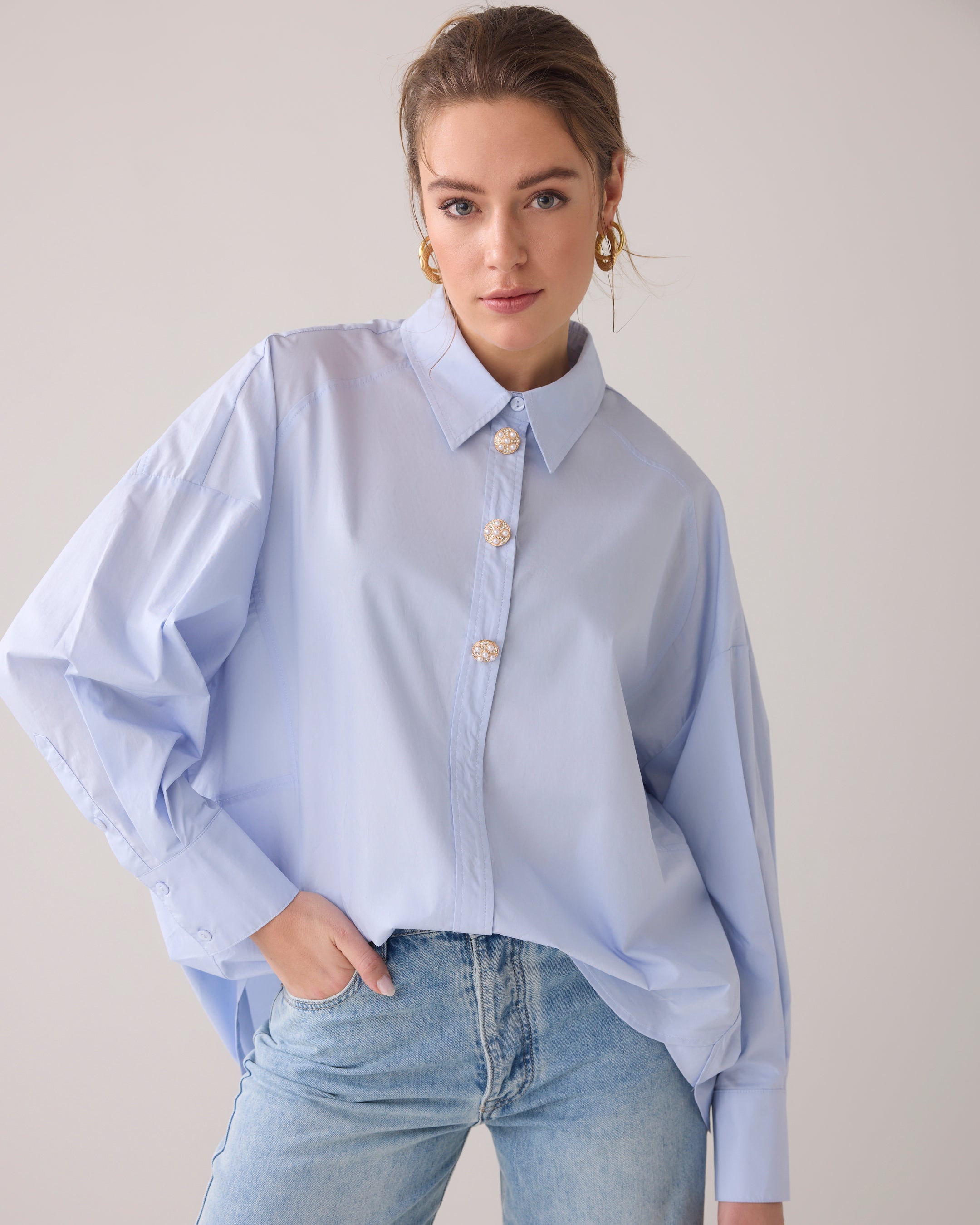 Fancy Button Blouse in Powder Blue