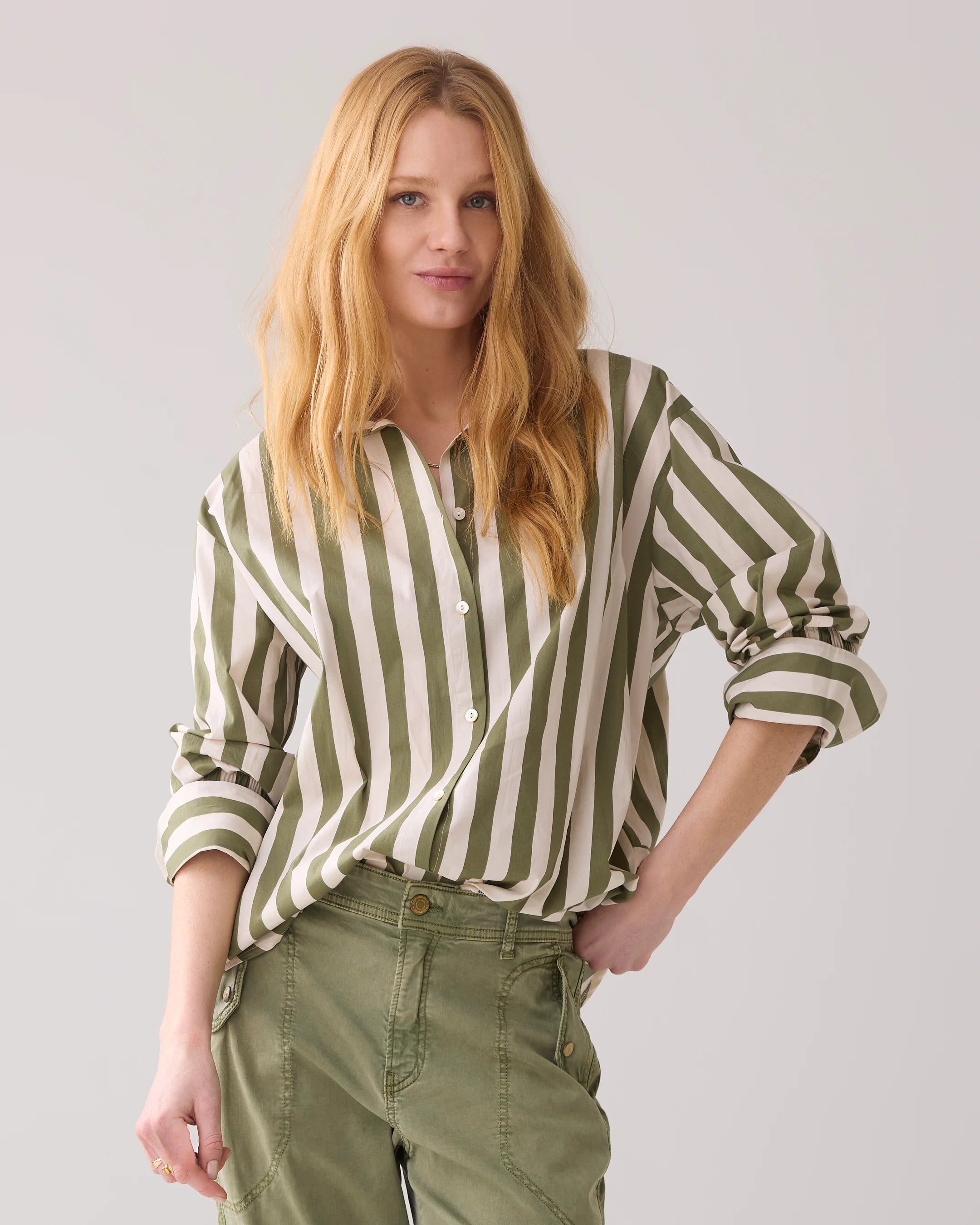 Printed Stripe Blouse in Combat Green