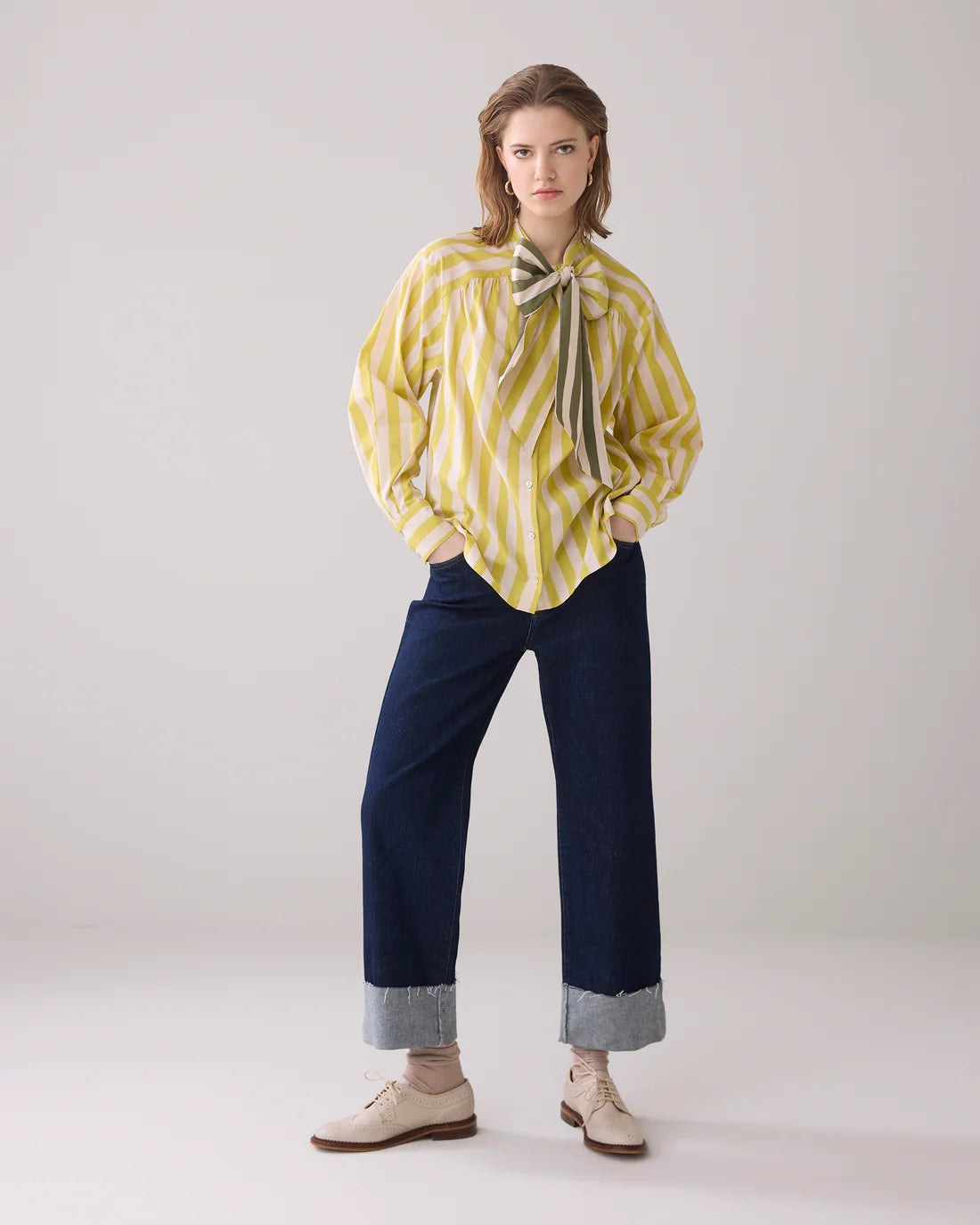 Bow Tie Printed Stripe Blouse in Mimosa Yellow