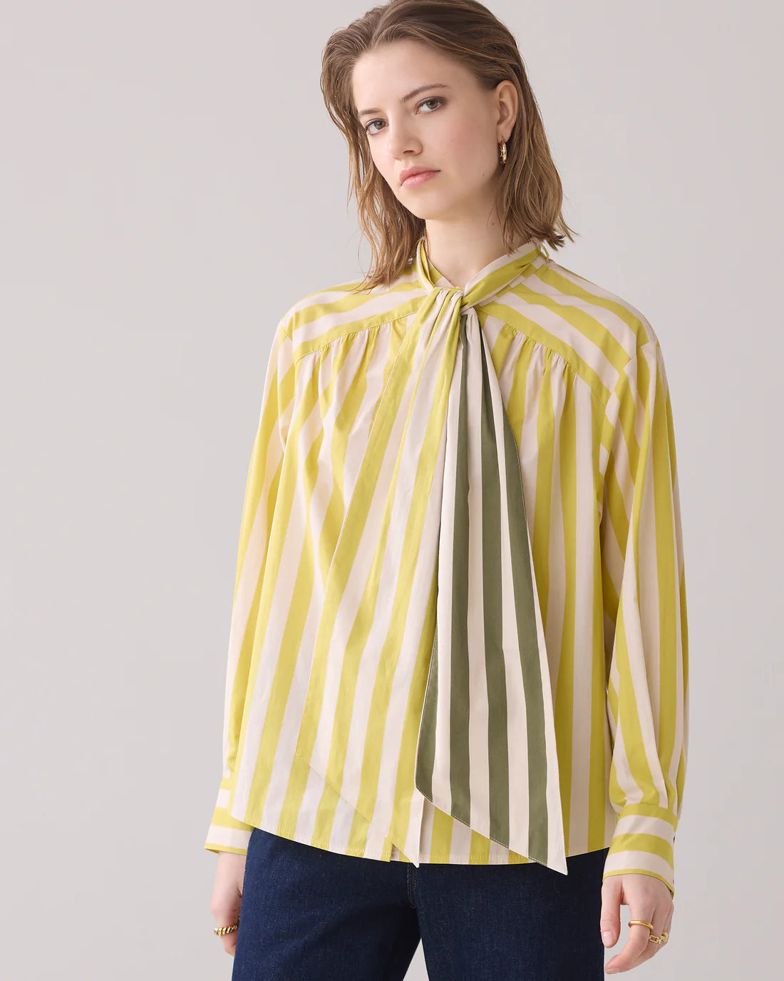 Bow Tie Printed Stripe Blouse in Mimosa Yellow