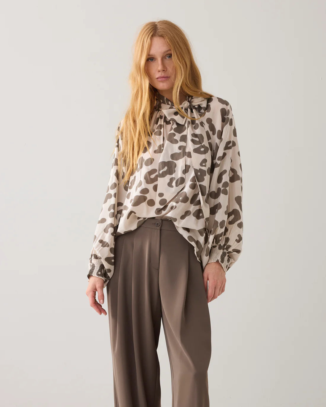 Printed Bow Tie Top in Ivory