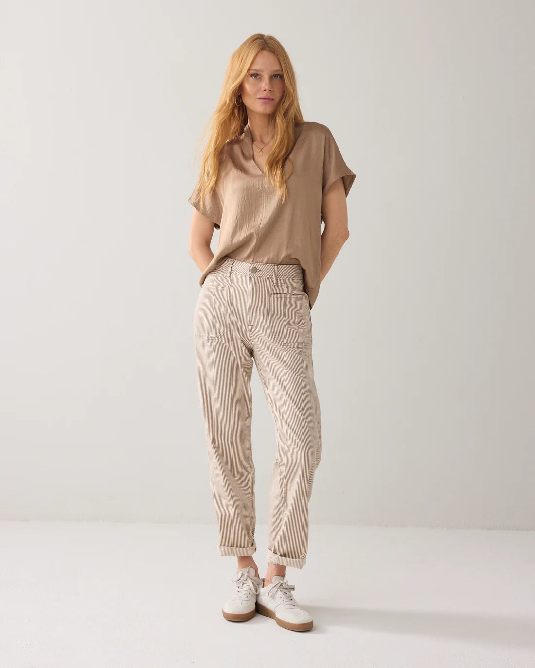 Shiny V Neck Top in Khaki
