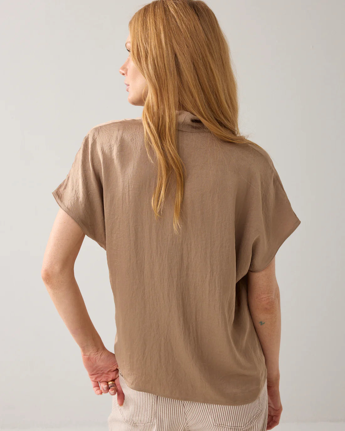 Shiny V Neck Top in Khaki
