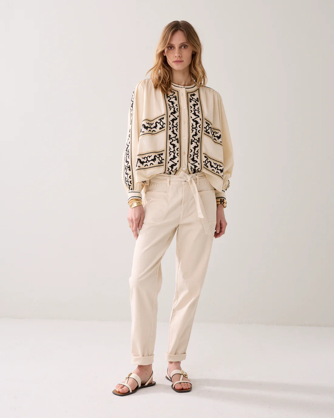 Crispy Cotton Embroidered Blouse in Ivory