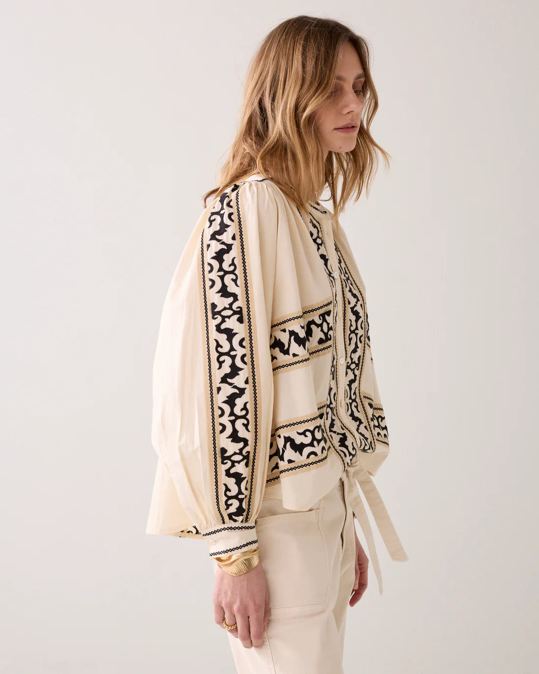 Crispy Cotton Embroidered Blouse in Ivory