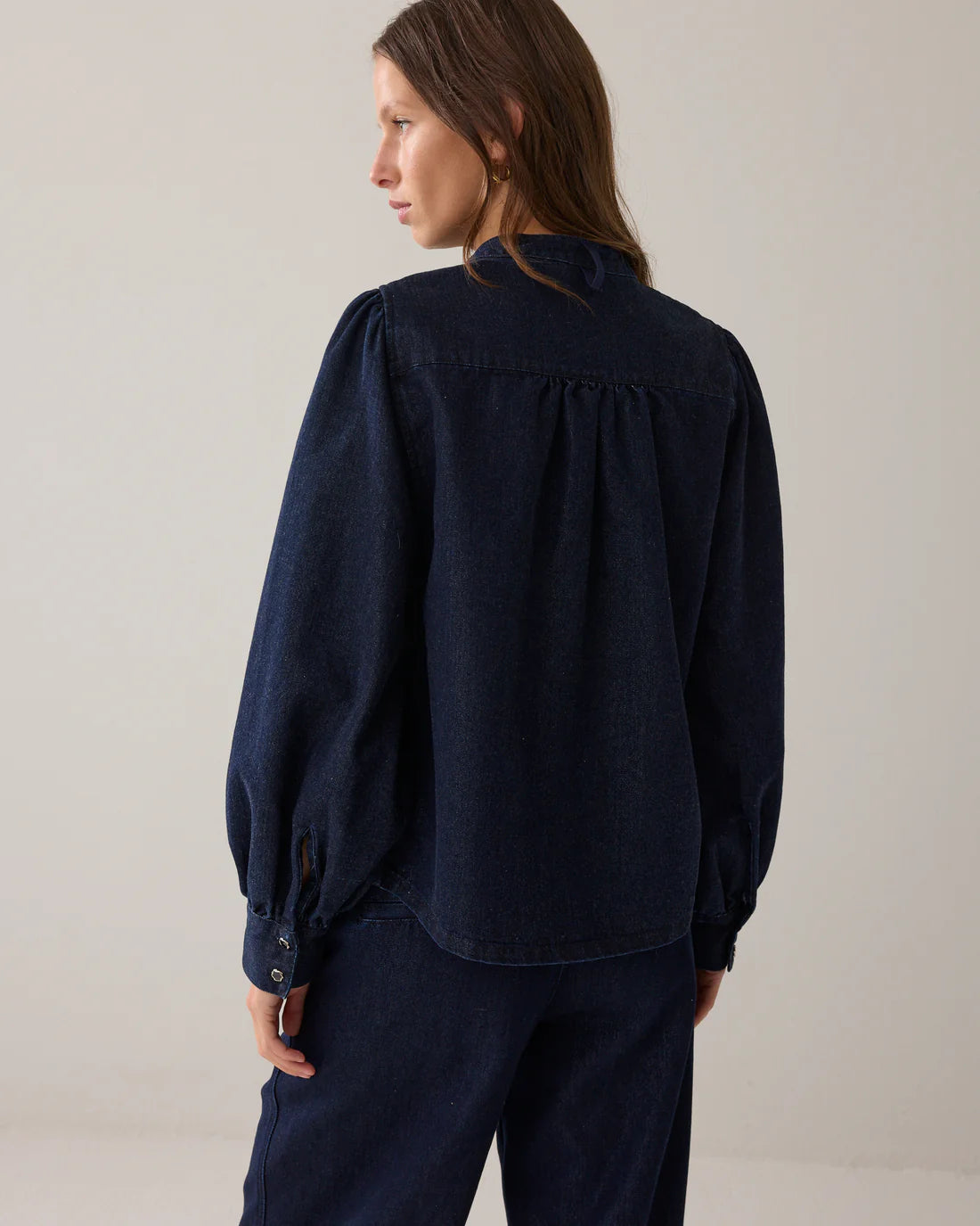 Denim Bowtie  Blouse in Night Blue Denim