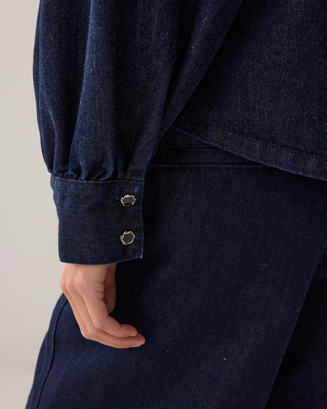 Denim Bowtie  Blouse in Night Blue Denim