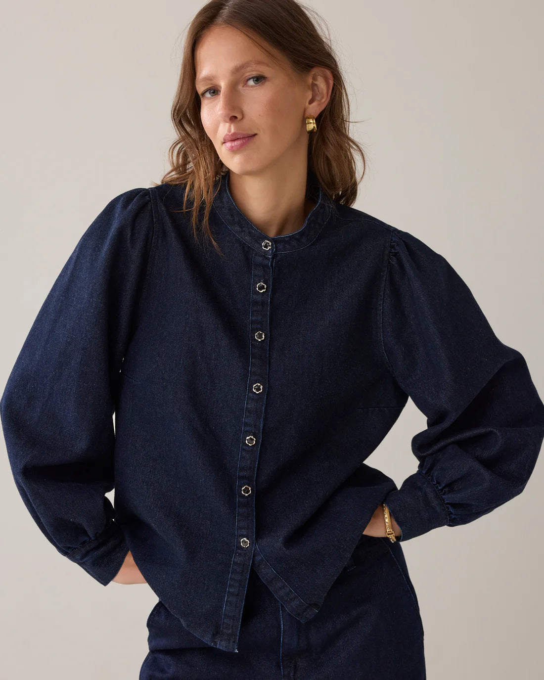 Denim Bowtie  Blouse in Night Blue Denim