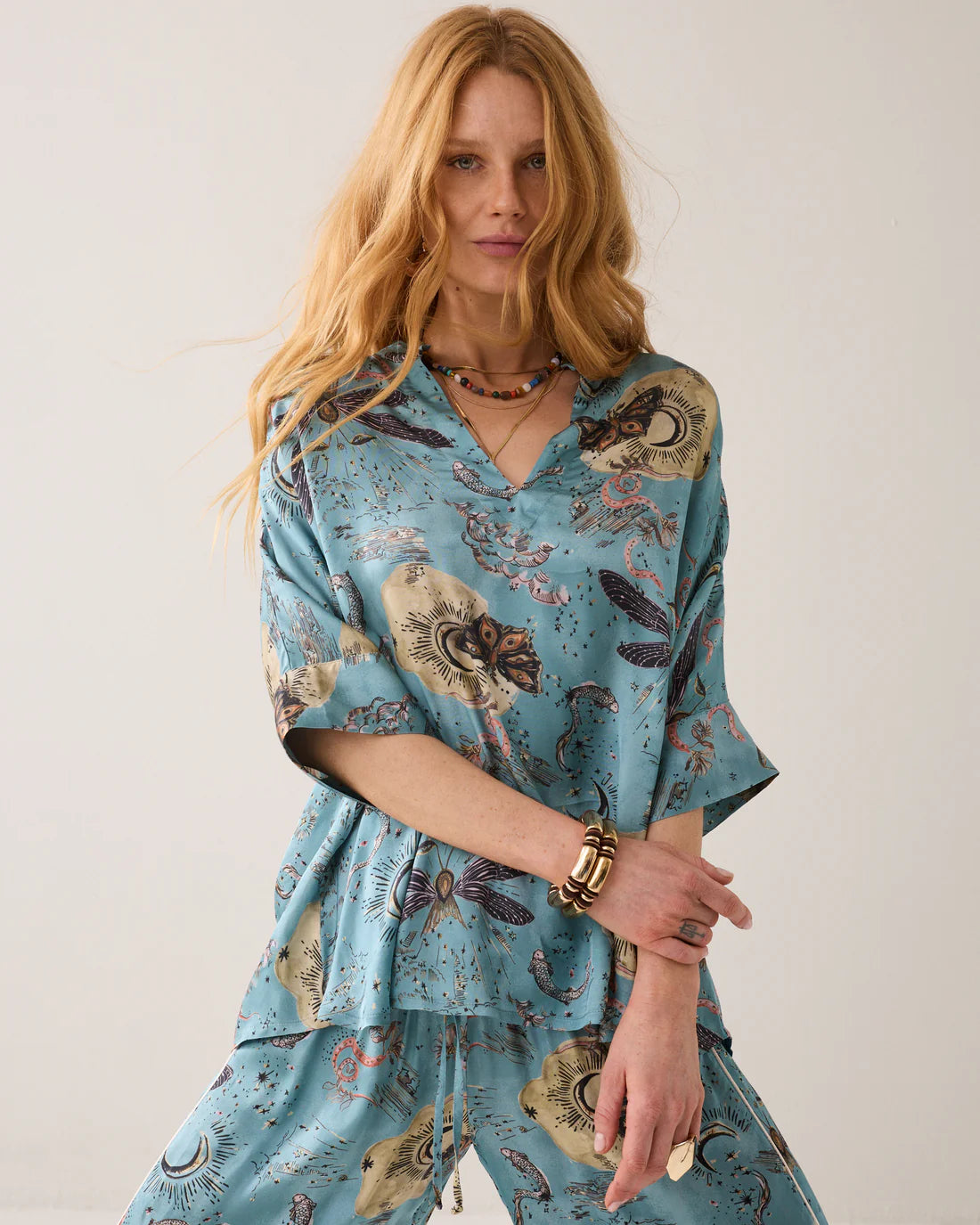 Fantasy Print Satin Top in Glacier Blue