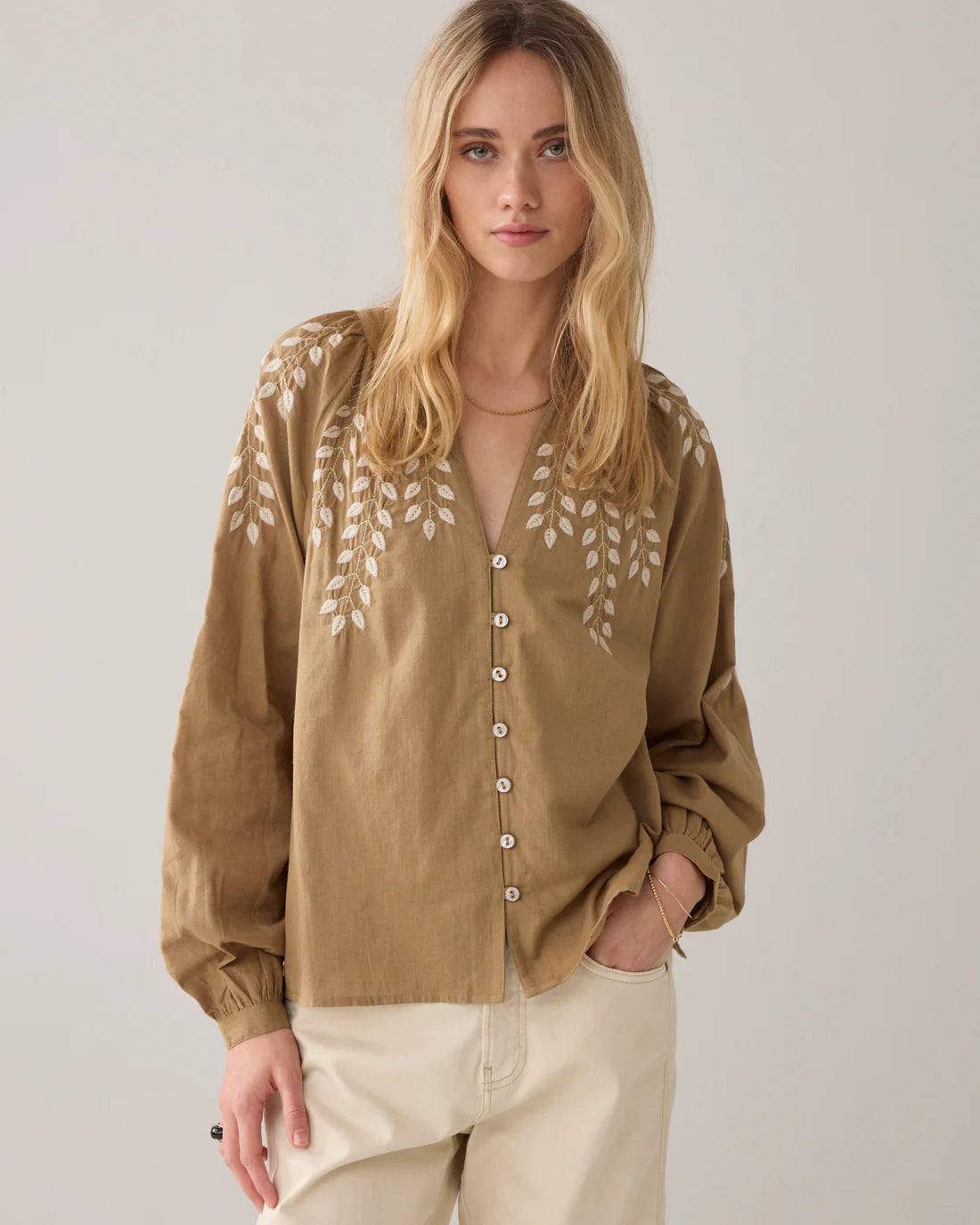 Linen Look Cotton Blouse in Khaki