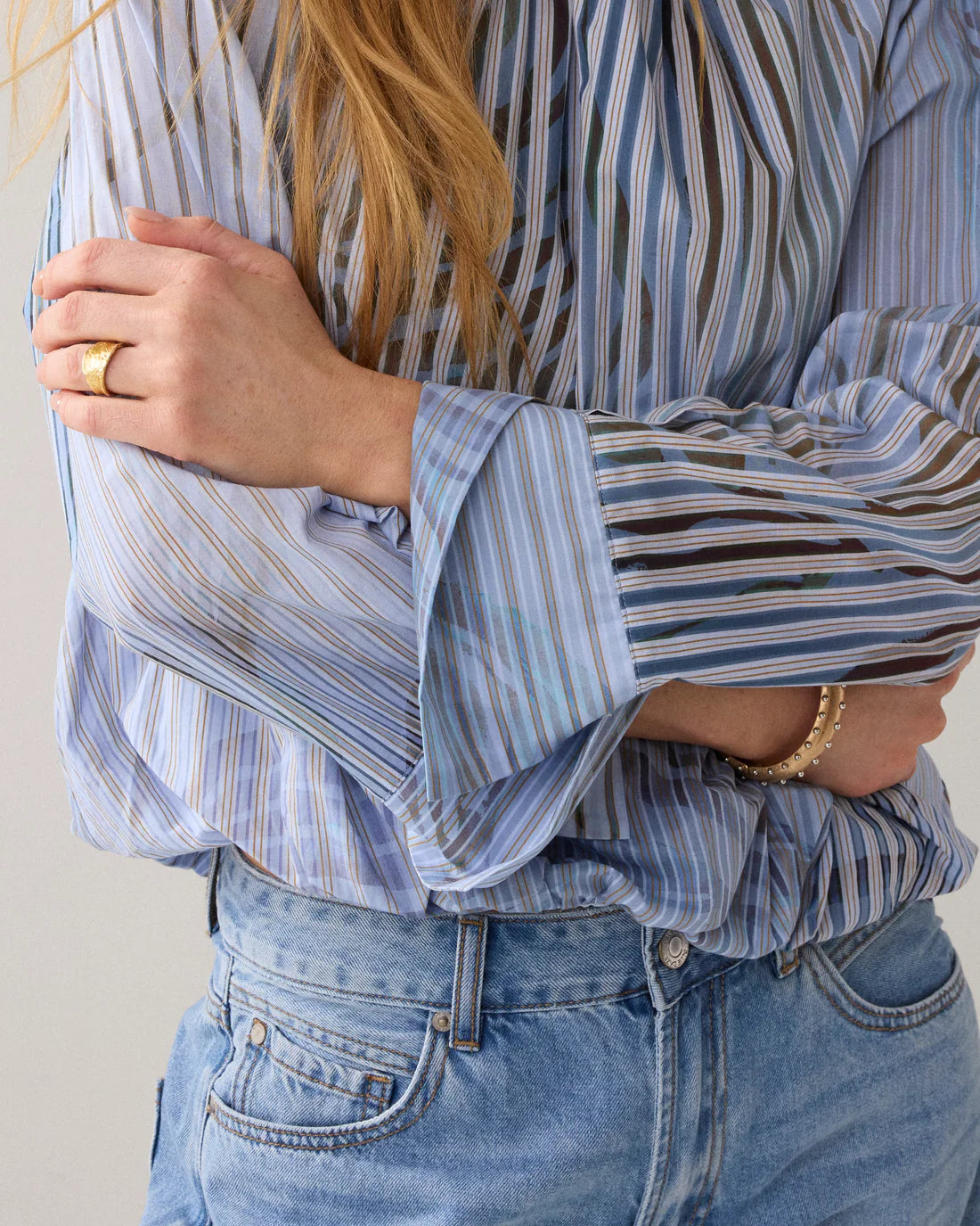 Pleated Top with Print in Soft Blue