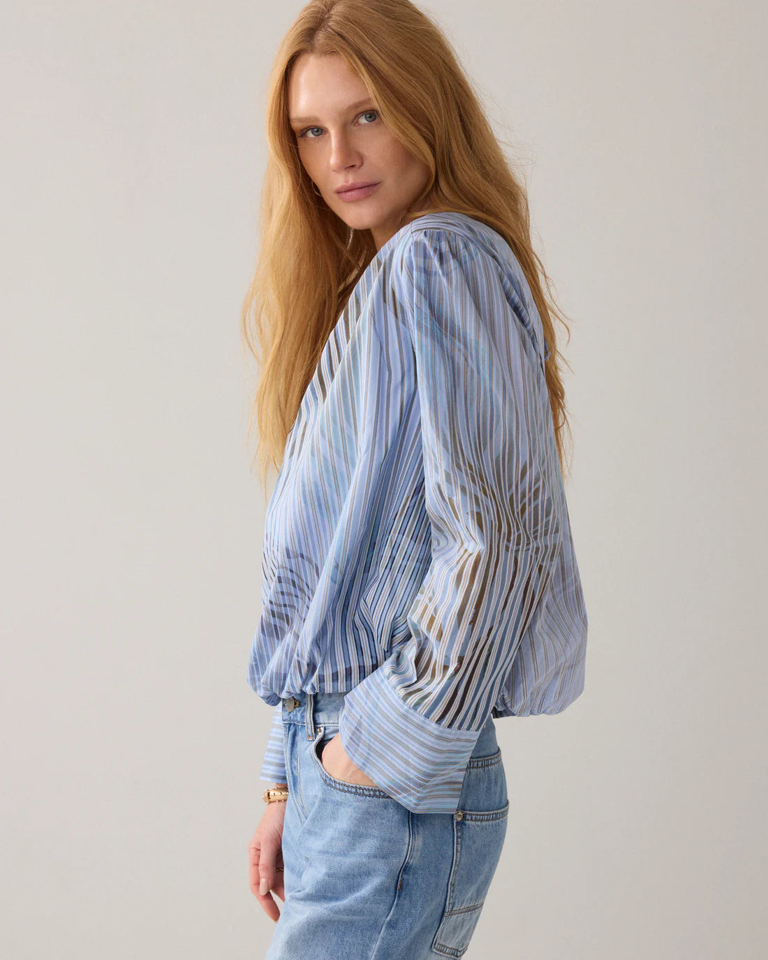 Pleated Top with Print in Soft Blue