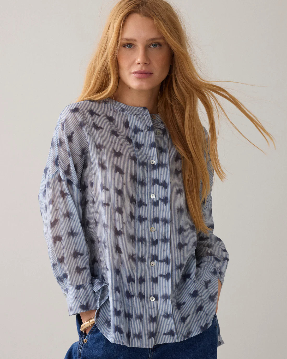 Tie Dye Stripe Blouse in Soft Blue