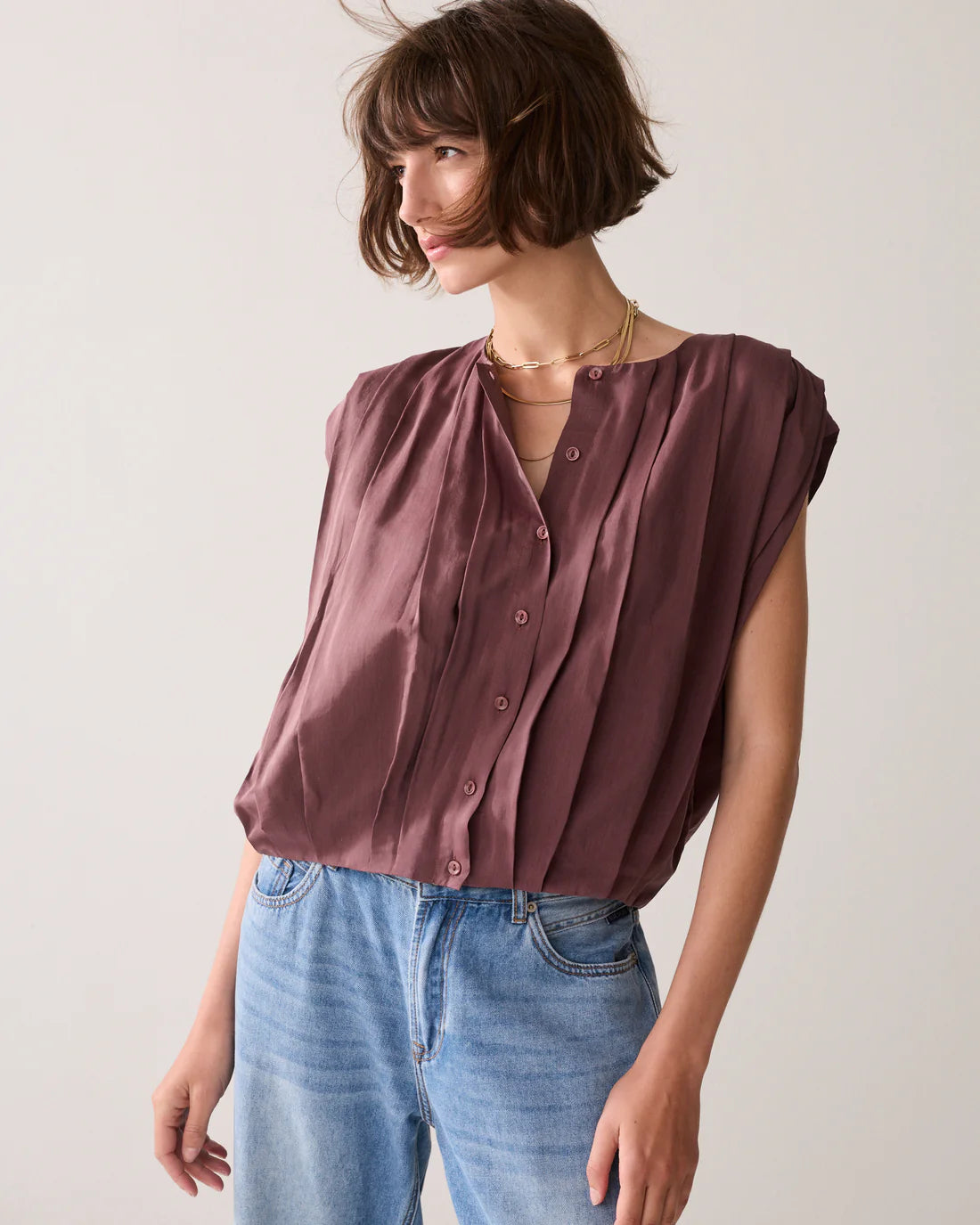 Sheen Pleated Blouse in Deep Fig