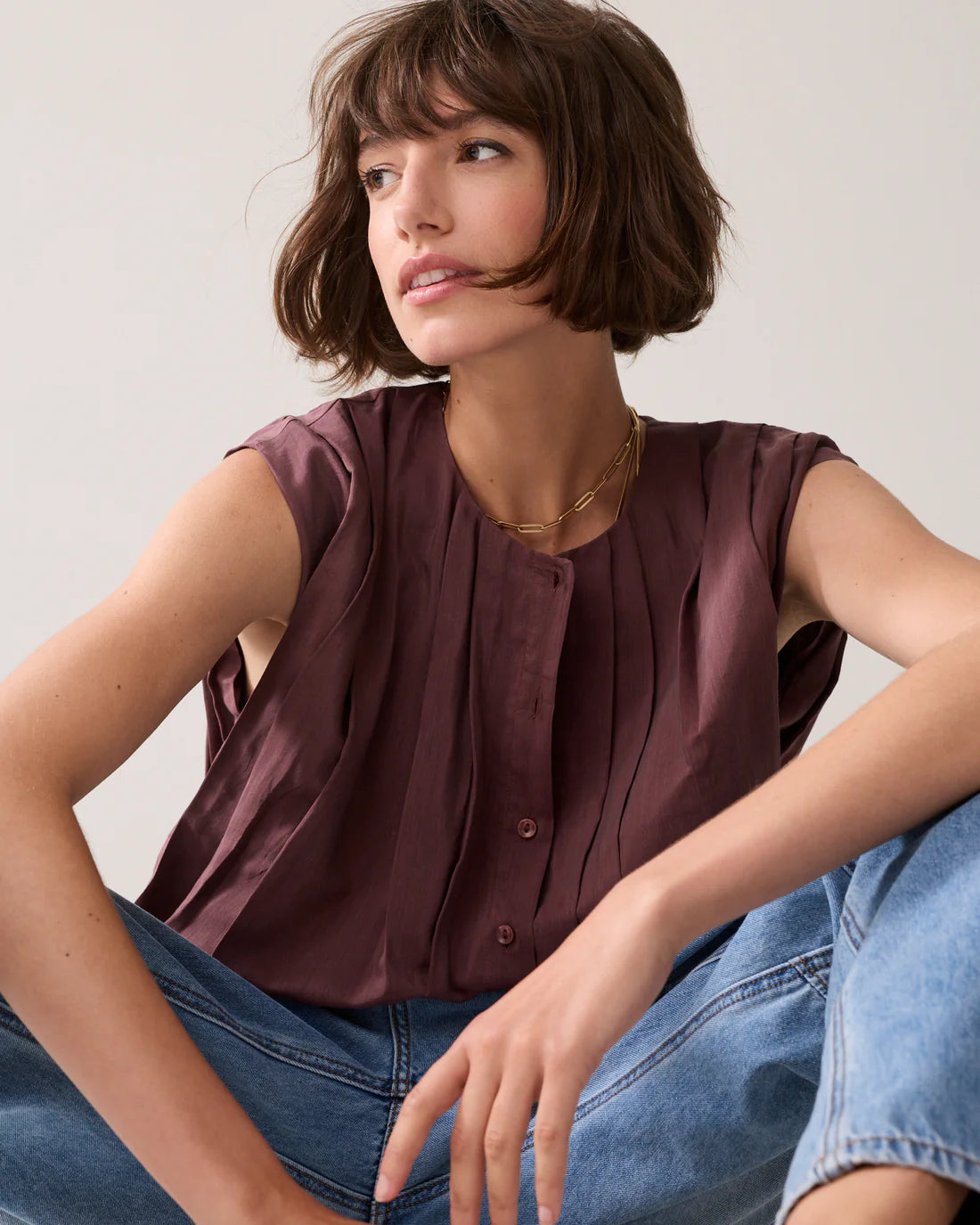 Sheen Pleated Blouse in Deep Fig