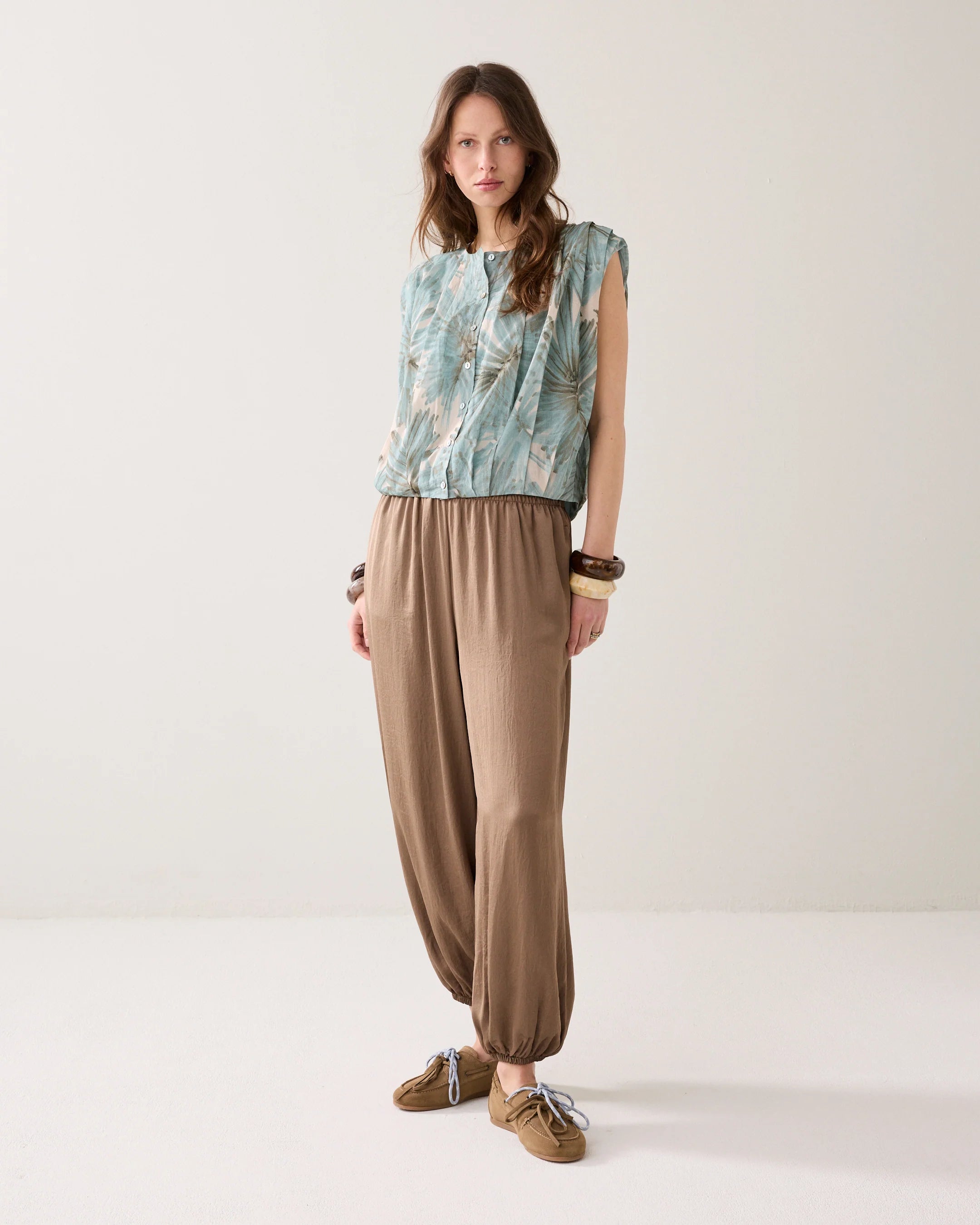 Pleated Flower Print Blouse  in Glacier Blue