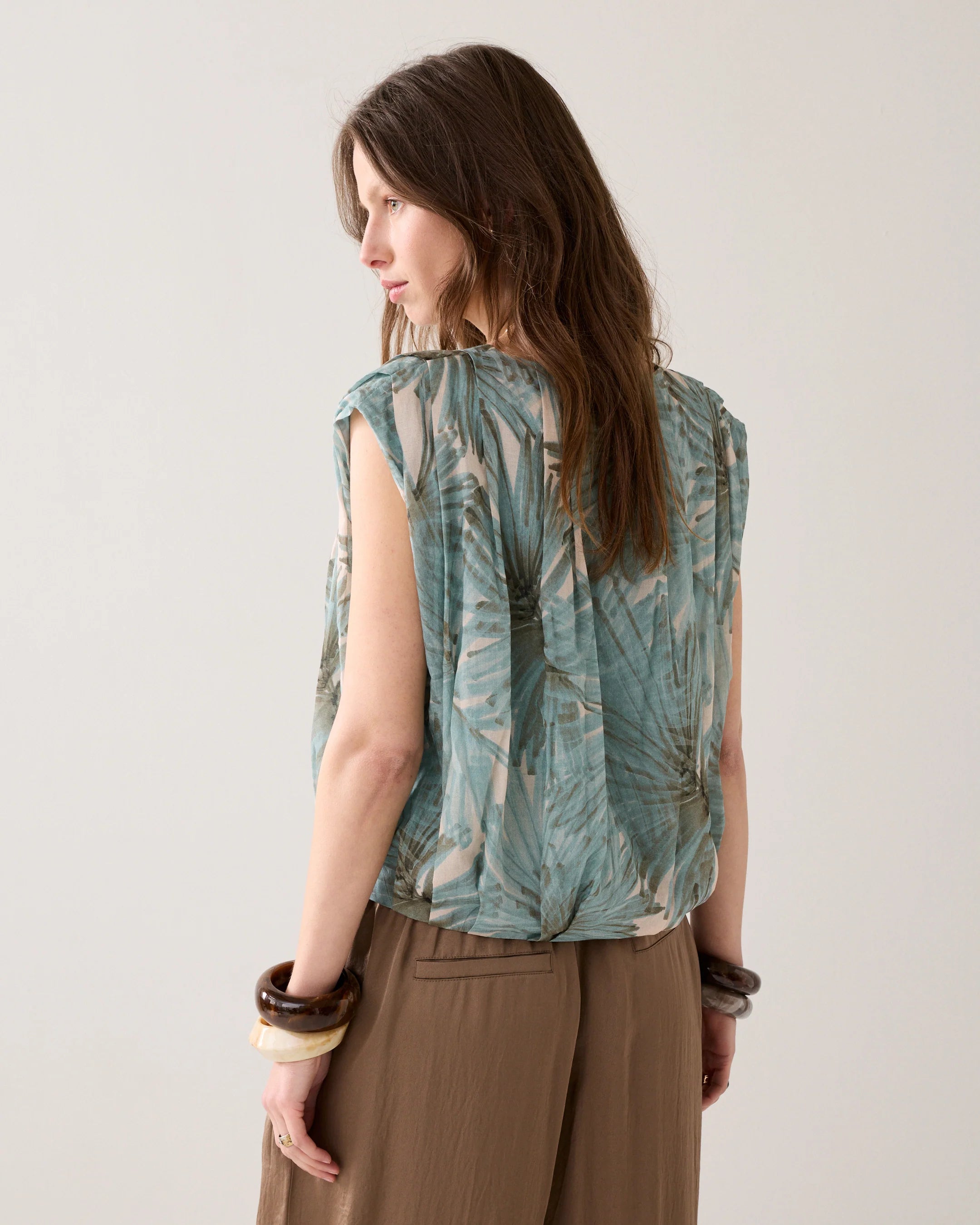 Pleated Flower Print Blouse  in Glacier Blue
