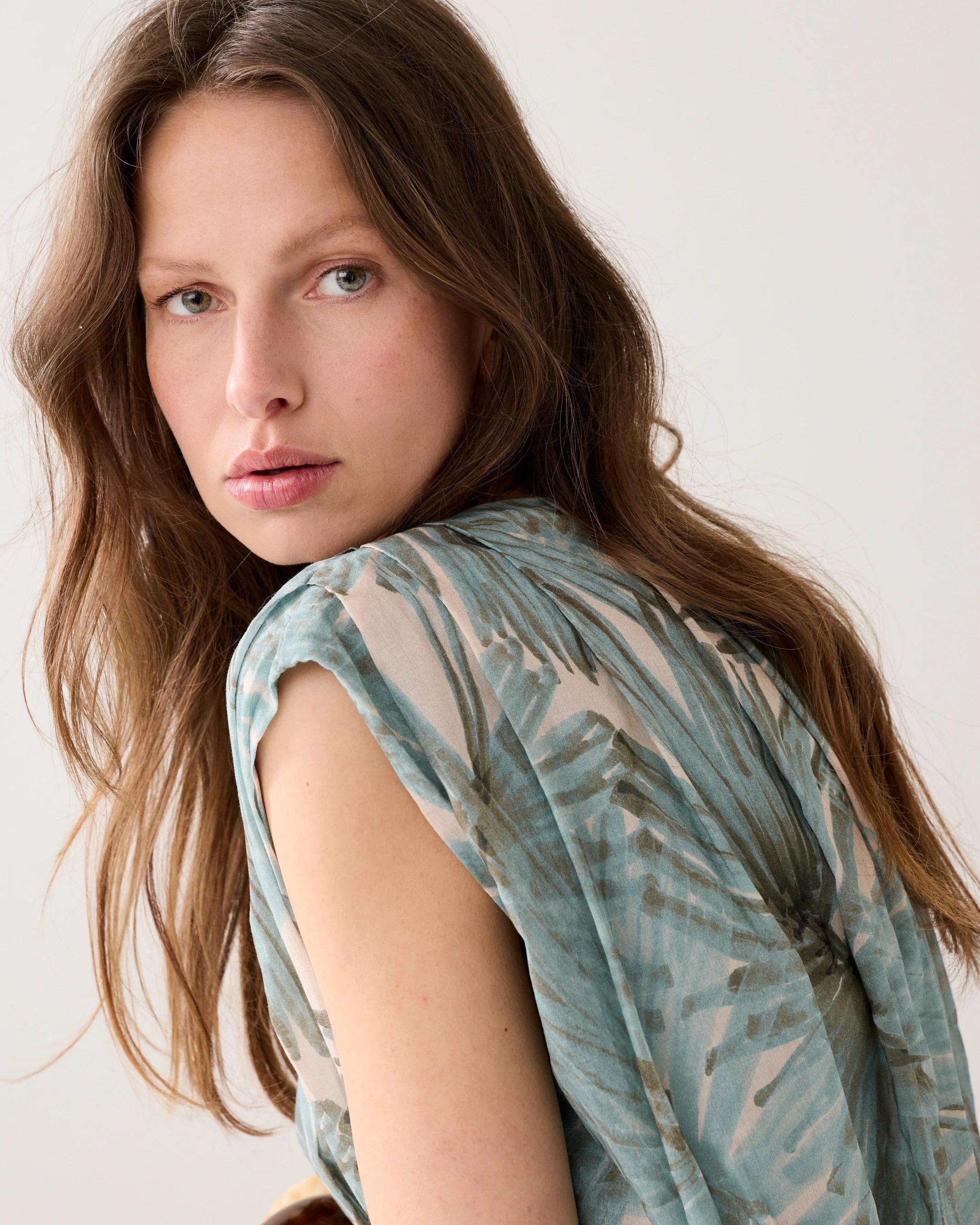 Pleated Flower Print Blouse  in Glacier Blue