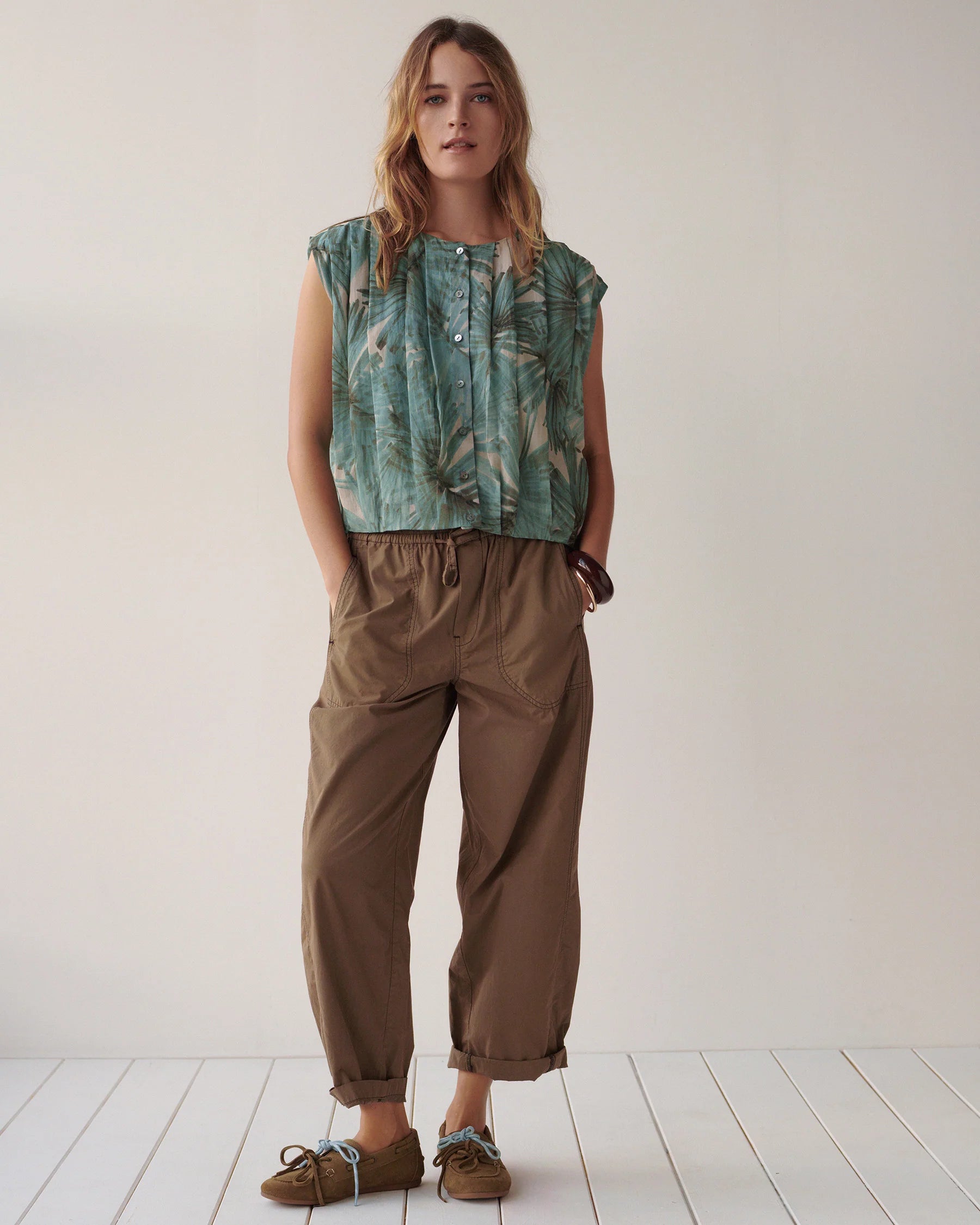 Pleated Flower Print Blouse  in Glacier Blue