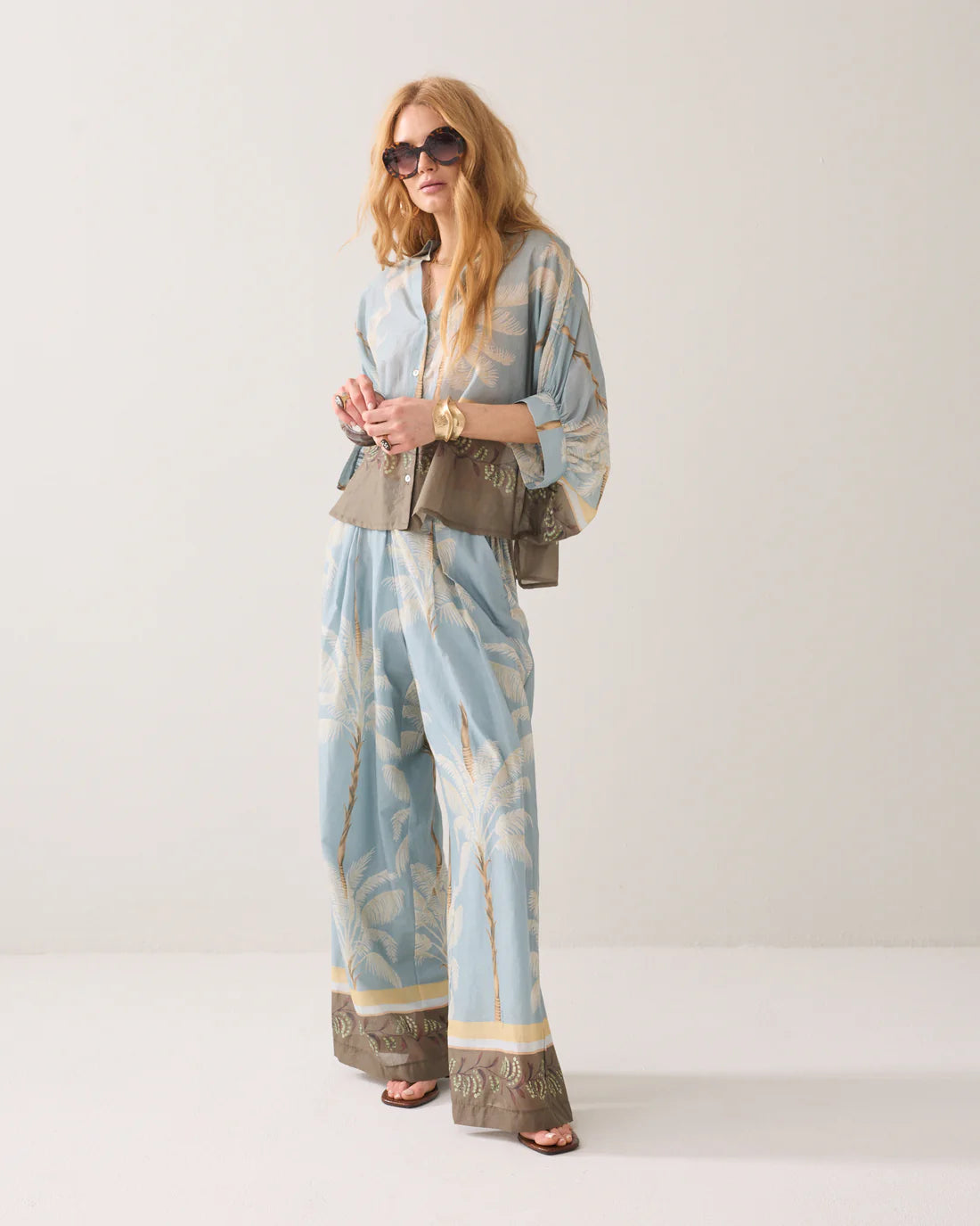 Palmtree Print Blouse in Glacier Blue