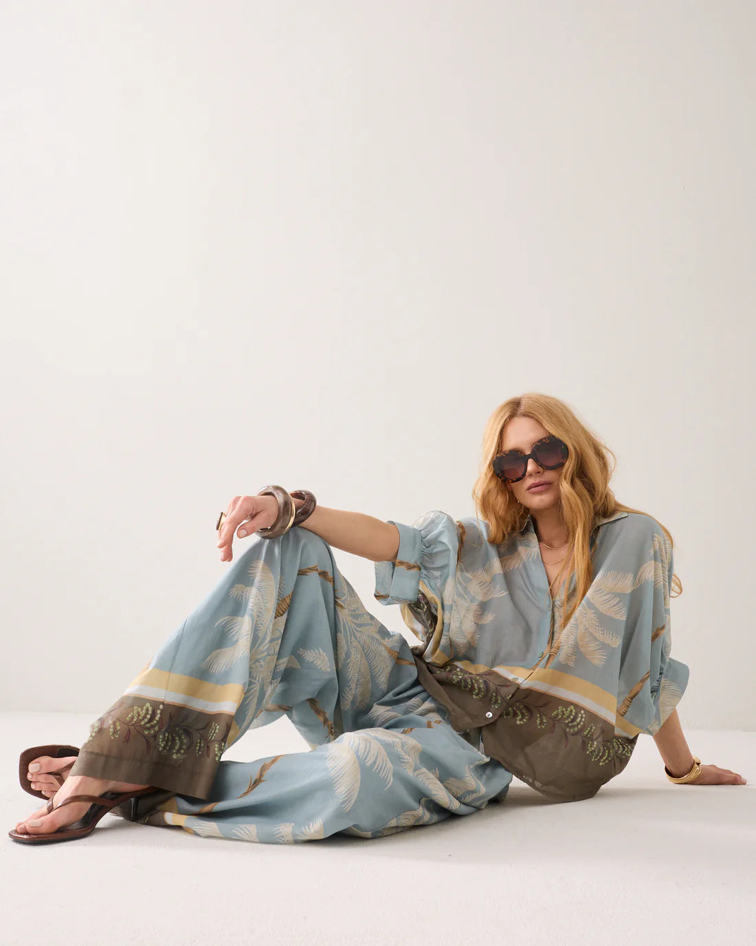 Palmtree Print Blouse in Glacier Blue