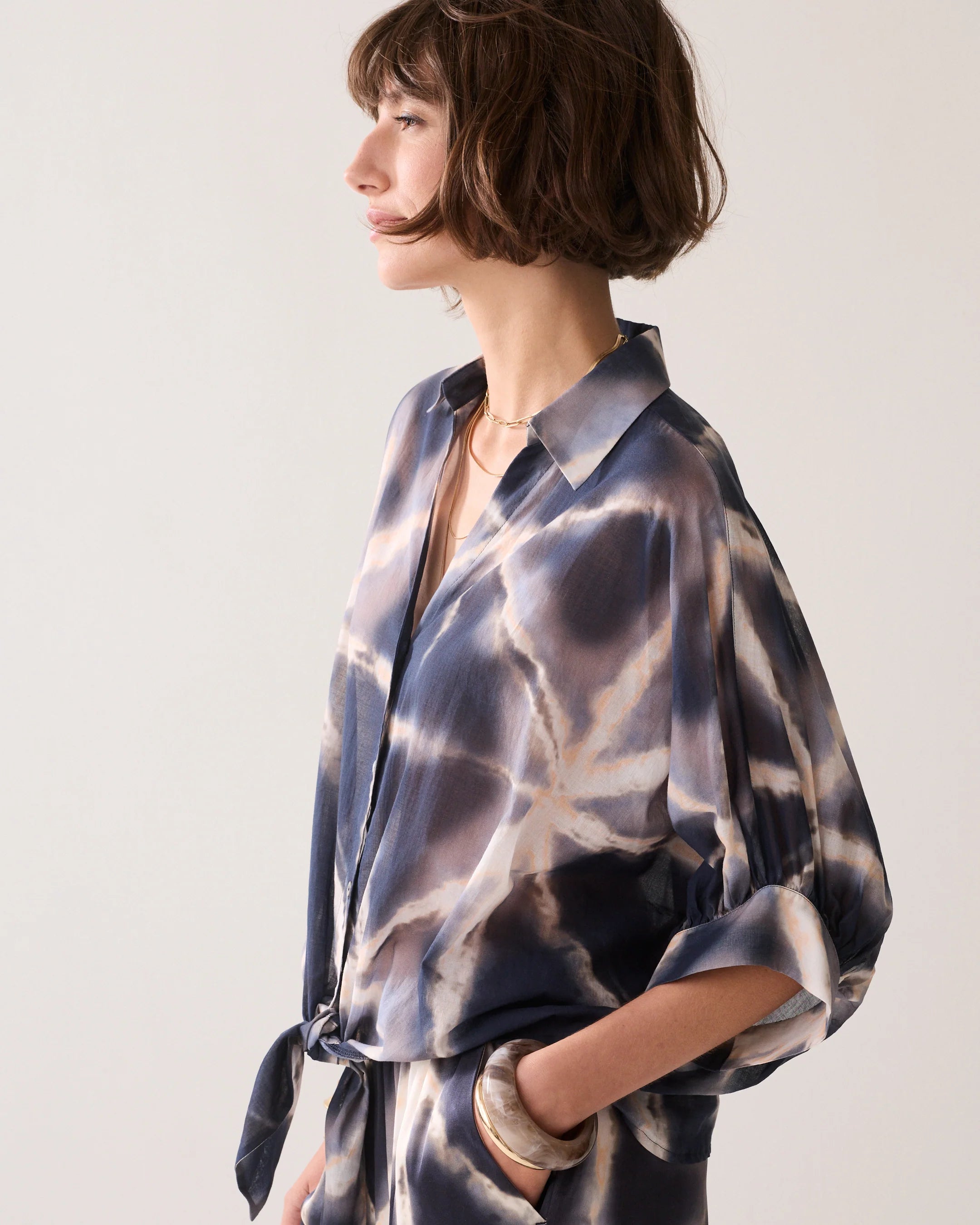 Transparent Blouse with Bow in Blue Noir