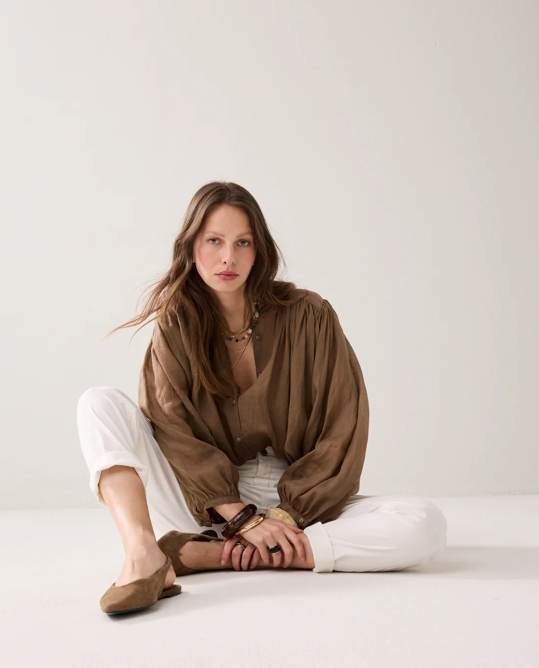 Ramie Linen Look Blouse in Dark Clay
