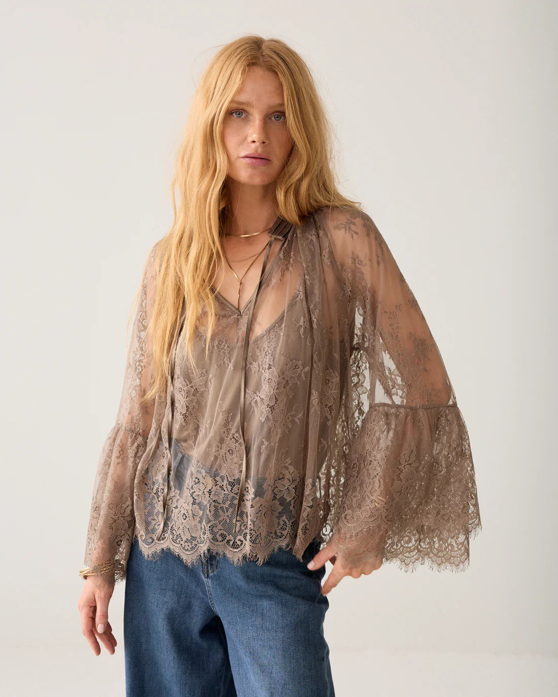 Lace Top with Flounced Sleeves in Taupe