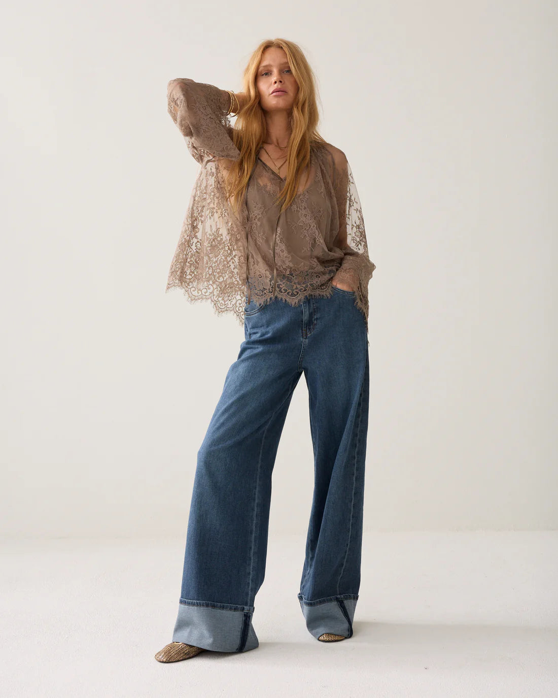 Lace Top with Flounced Sleeves in Taupe